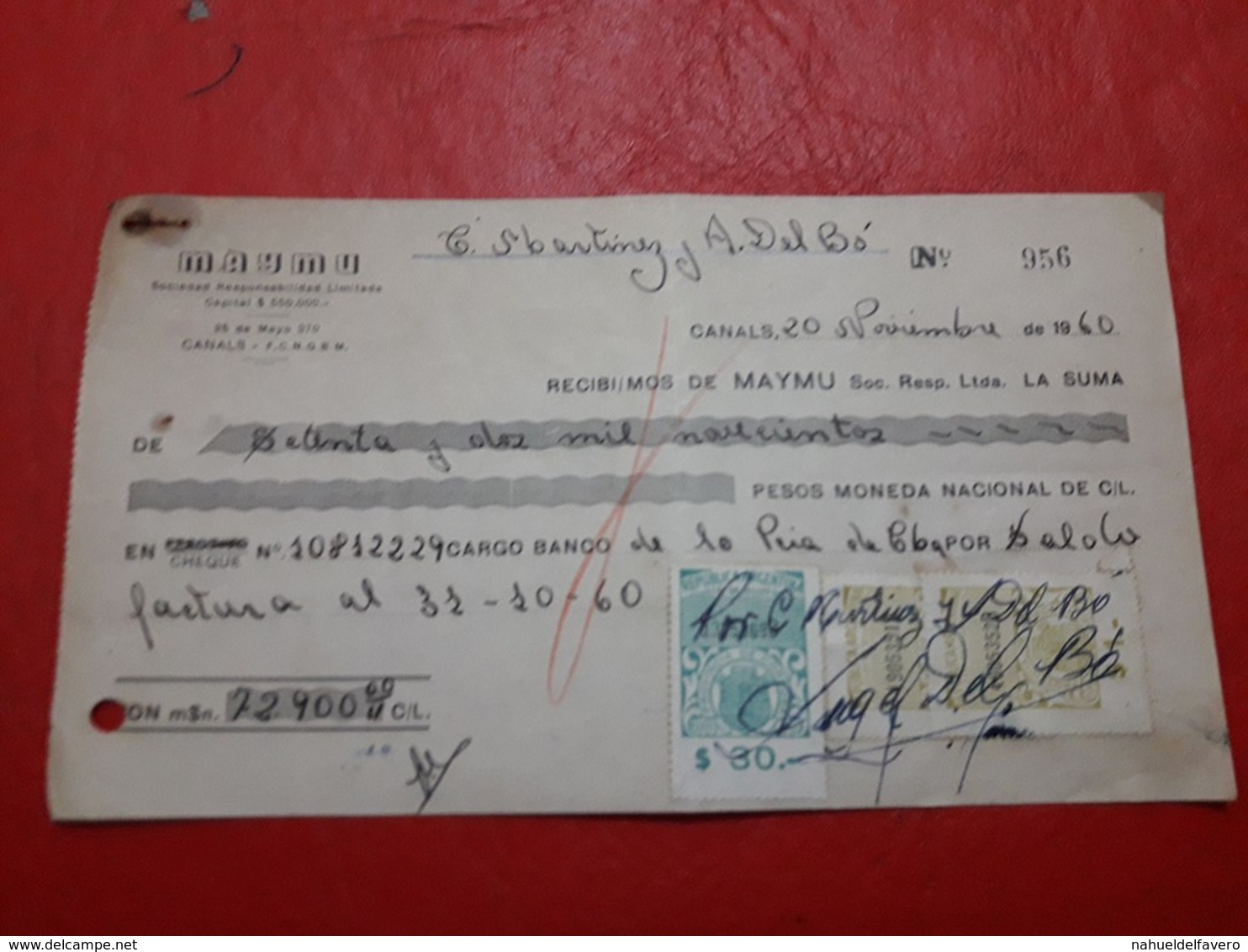 Argentina Cheque Bancario De Cordoba Con Sellos Fiscales 1960 - Service