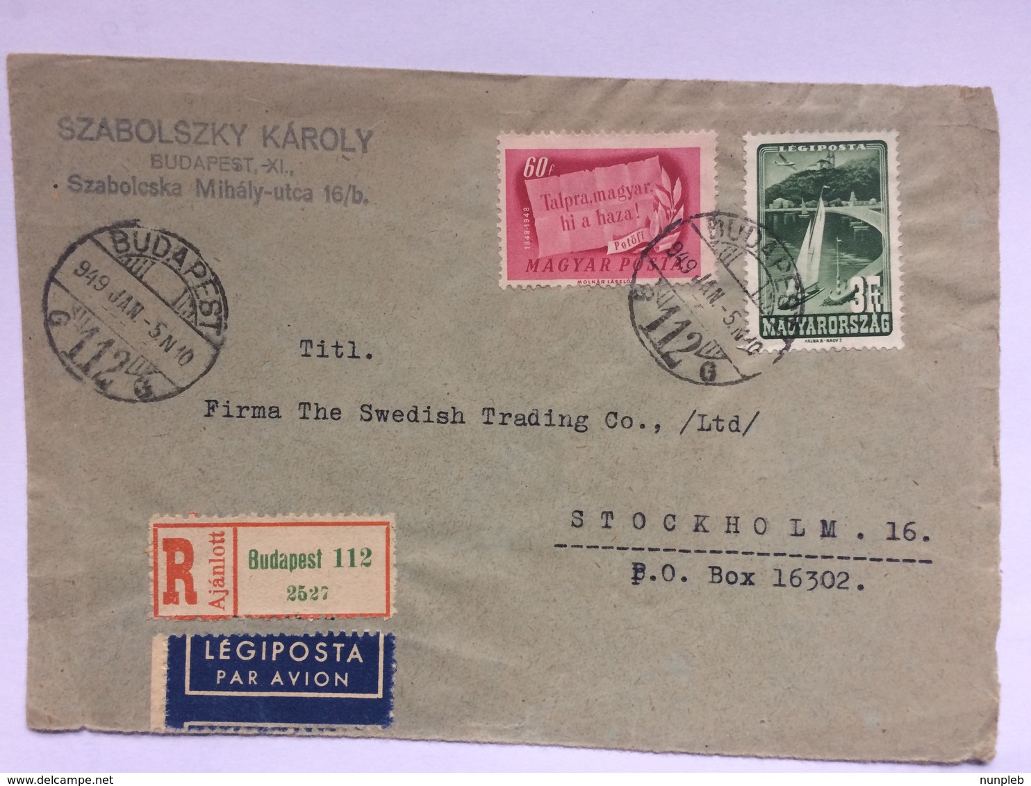 HUNGARY - 1949 Air Mail Cover Registered Budapest To Stockholm Sweden - Lettres & Documents