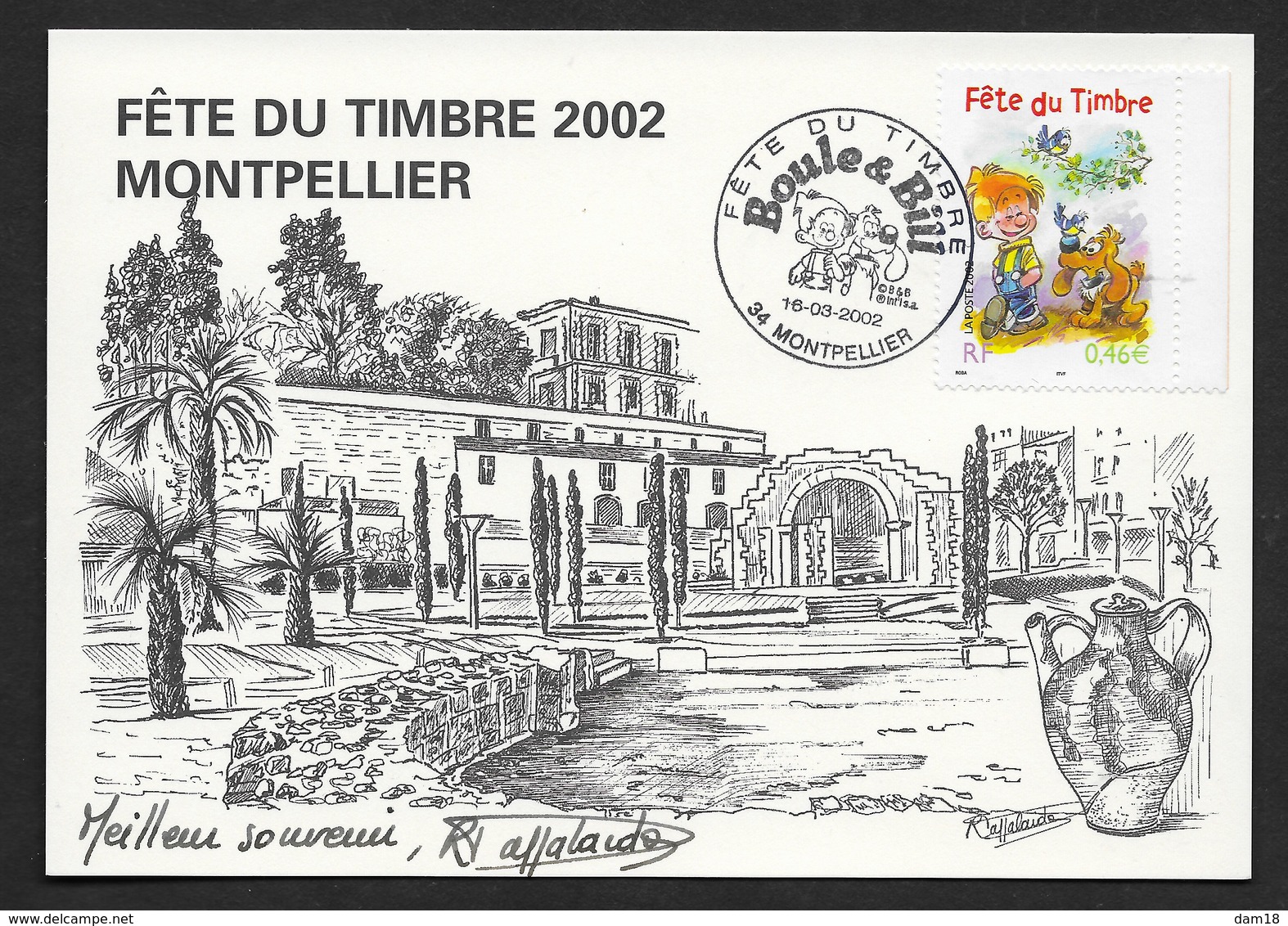 CACHET TEMPORAIRE 2002 FETE DU TIMBRE MONTPELLIER(34) SUR CP  BOULE ET BILL R/V - Lettres & Documents