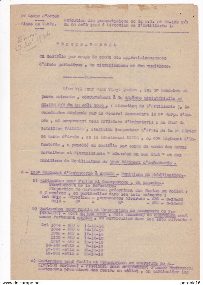 Rare ! Procès-verbal Contrôle Approvisionnements D'armes, Mitrailleuses Et Munitions, 9e Corps D'armée, Tours, 1924 - Documenten