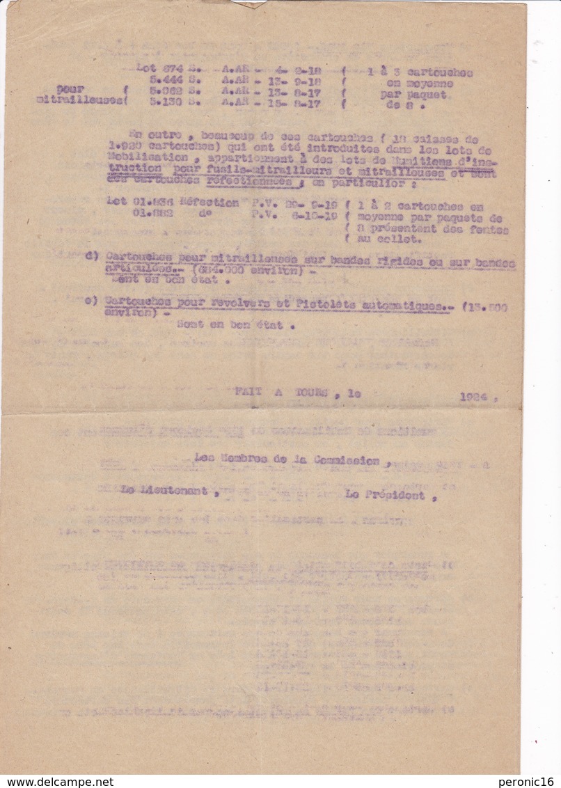 Rare ! Procès-verbal Contrôle Approvisionnements D'armes, Mitrailleuses Et Munitions, 9e Corps D'armée, Tours, 1924 - Documents