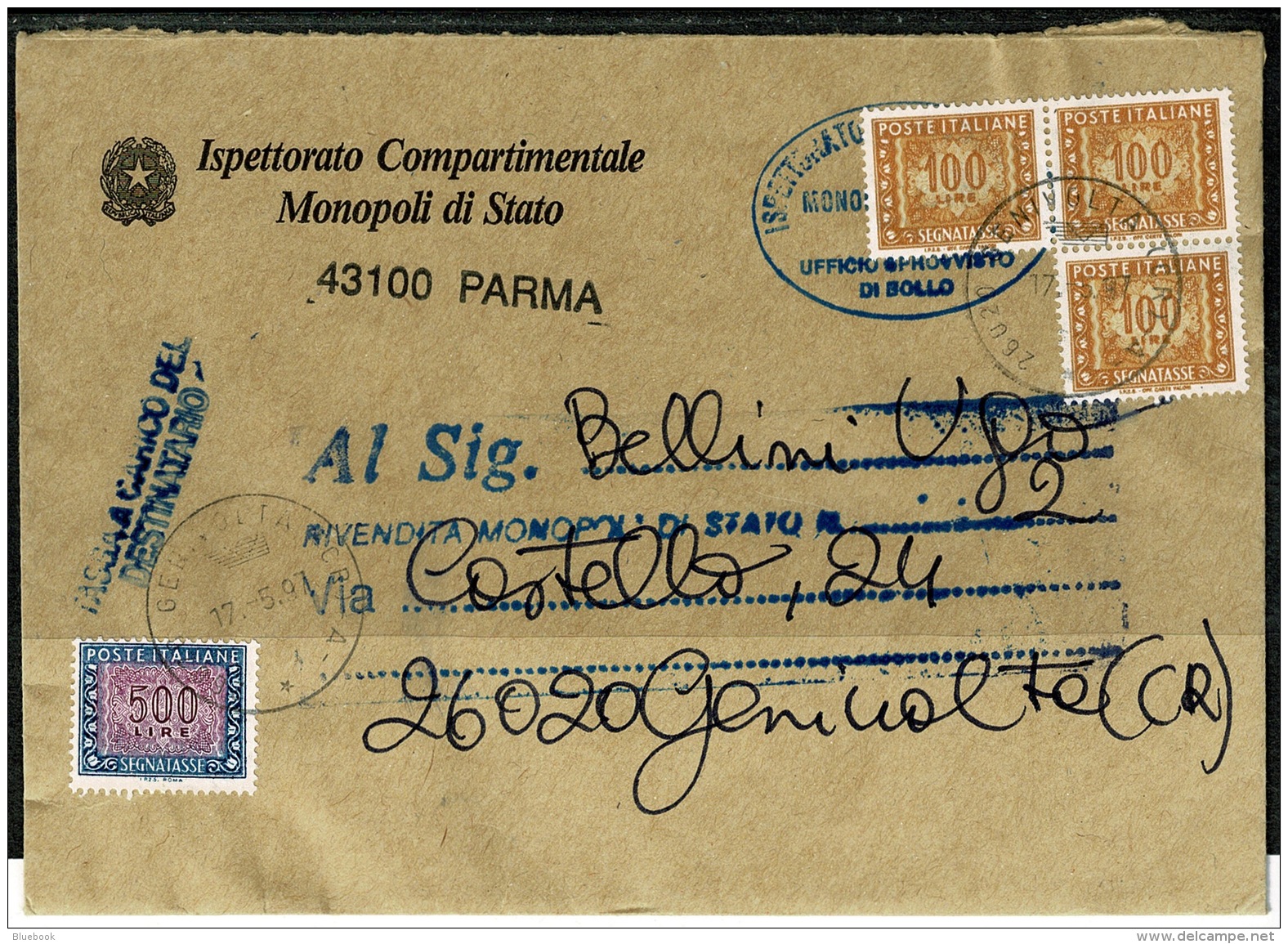 RB 1224 - 1997 Italy L800 Postage Due Cover Parma To Genivolta - Portomarken