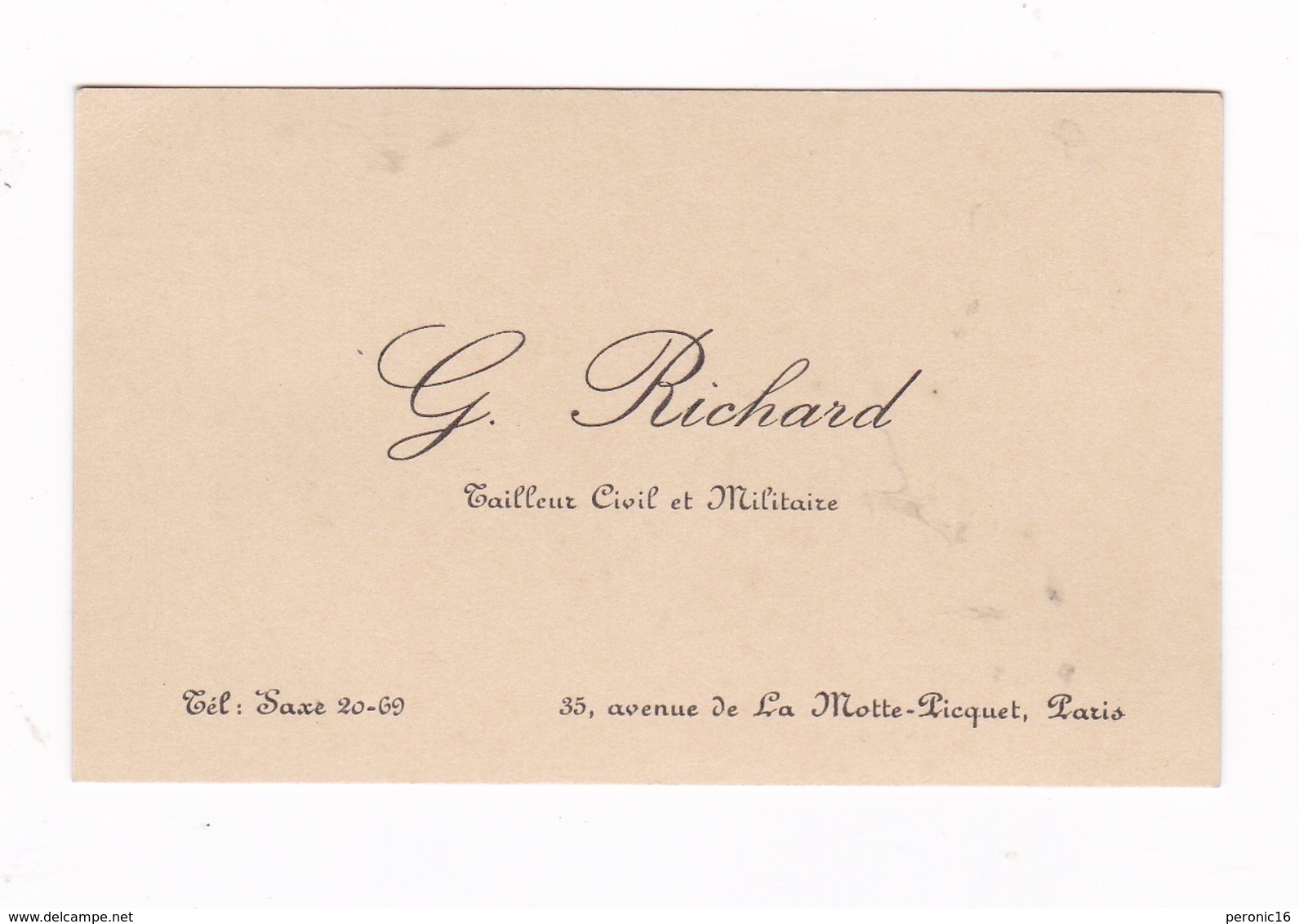 Carte Visite G. Richard, Tailleur Civil Et Militaire, 35 Av. De La Motte-Picquet, Paris - Equipement