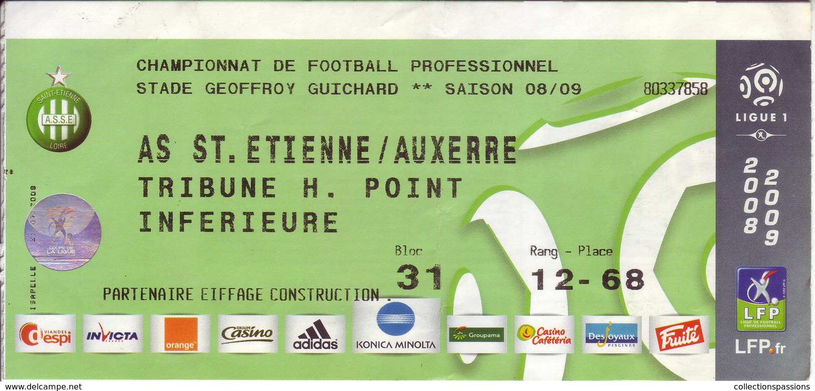 - ASSE - Billet D'entrée Stade Geoffroy Guichard - AS ST Etienne / Auxerre - Saison 08/09 - - Autres & Non Classés