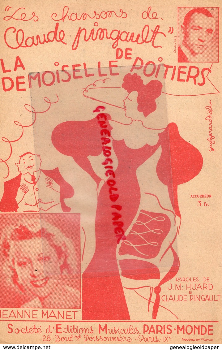 86-POITIERS- RARE PARTITION MUSIQUE- LA DEMOISELLE DE POITIERS-CLAUDE PINGAULT-JEANNE MANET-J.M. HUARD- PARIS MONDE 1937 - Partituras