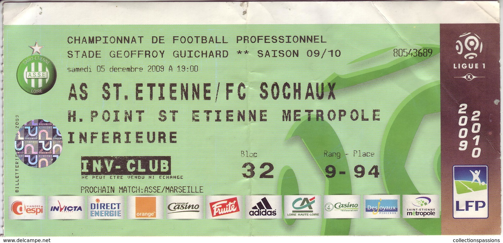- ASSE - Billet D'entrée Stade Geoffroy Guichard - AS ST Etienne / FC Sochaux - Saison 09/10 - - Otros & Sin Clasificación