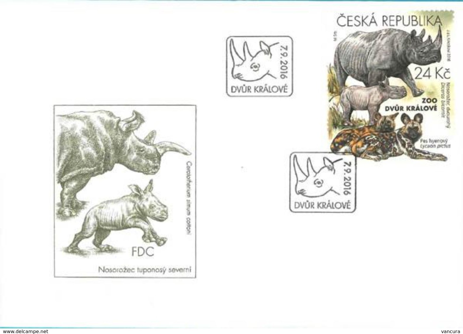 FDC 896 Czech Republic Nature Protection: Zoological Gardens I -rhino And African Wild Dog 2016 - Rhinozerosse