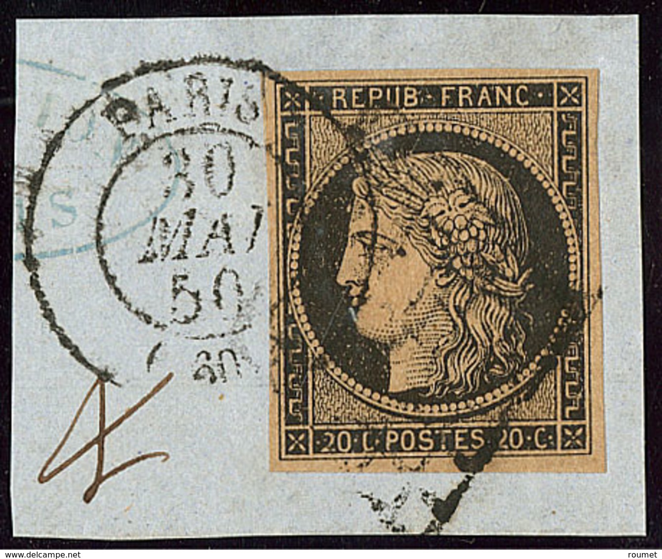 No 3c, Noir Sur Chamois Foncé, Obl Grille + Cad Mai 50 Sur Petit Fragment. - TB - 1849-1850 Cérès