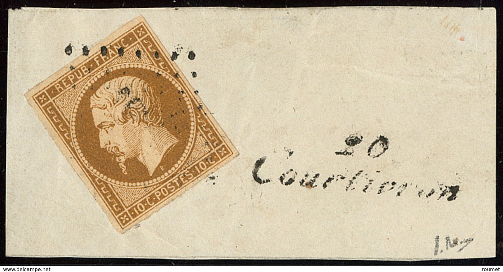 No 9c, Bistre Brun Foncé, Obl Pc Sur Petit Fragment Avec Cursive "20/Courtivron", Jolie Pièce. - TB. - R - 1852 Louis-Napoleon