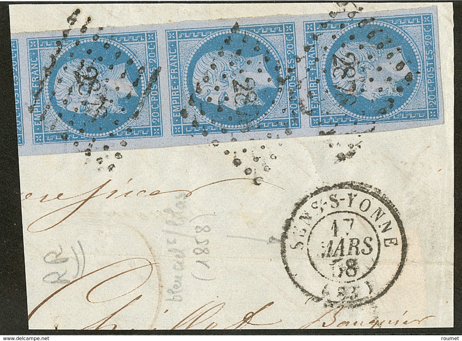 No 14Ig, Bleu Sur Lilas, Bande De Trois Verticale Sur Fragment, Jolie Pièce. - TB - 1853-1860 Napoleon III