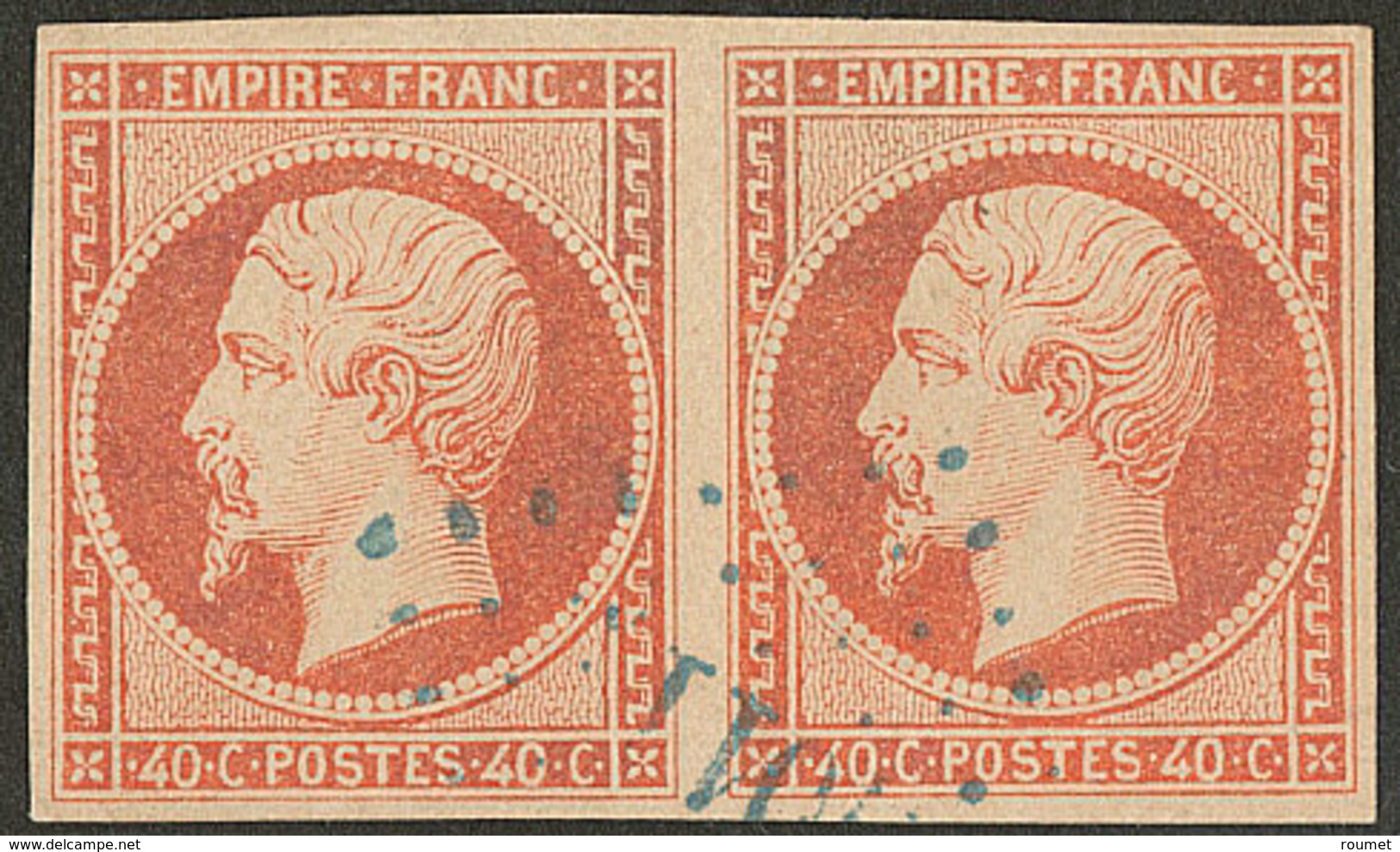 No 16, Paire Nuance Foncée, Obl Pc Bleu, Pelurage Au Verso Mais TB D'aspect - 1853-1860 Napoleon III