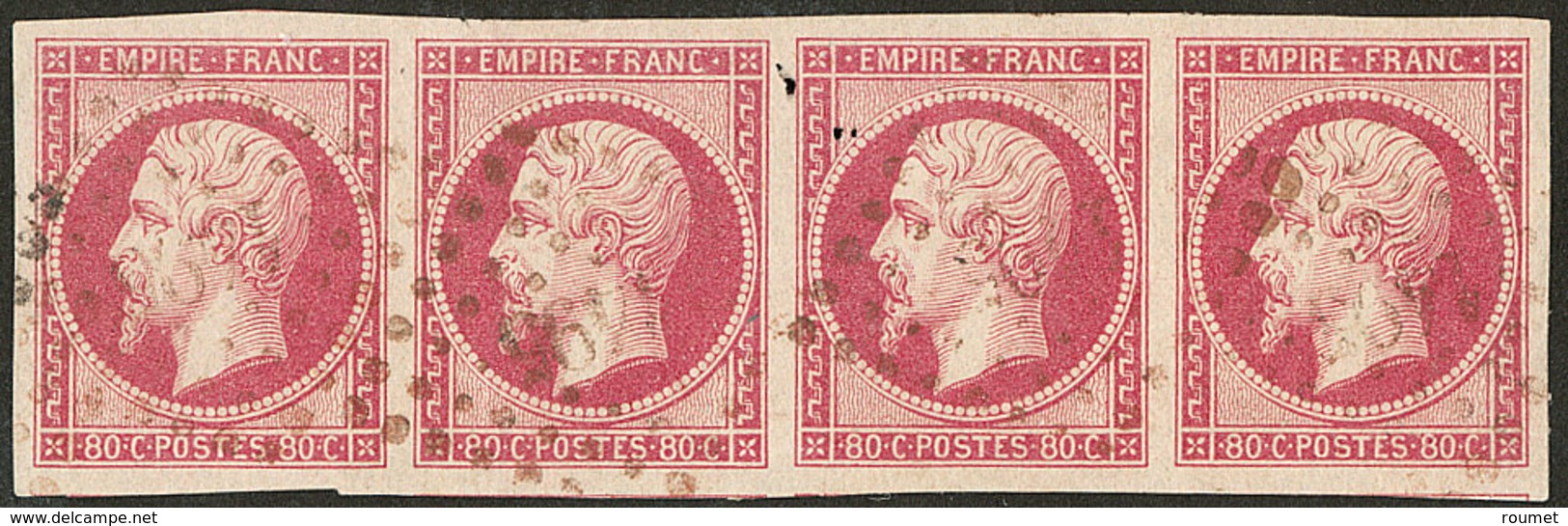 No 17B, Bande De Quatre Obl Rougeâtre, Trois Voisins, Jolie Pièce. - TB - 1853-1860 Napoleon III