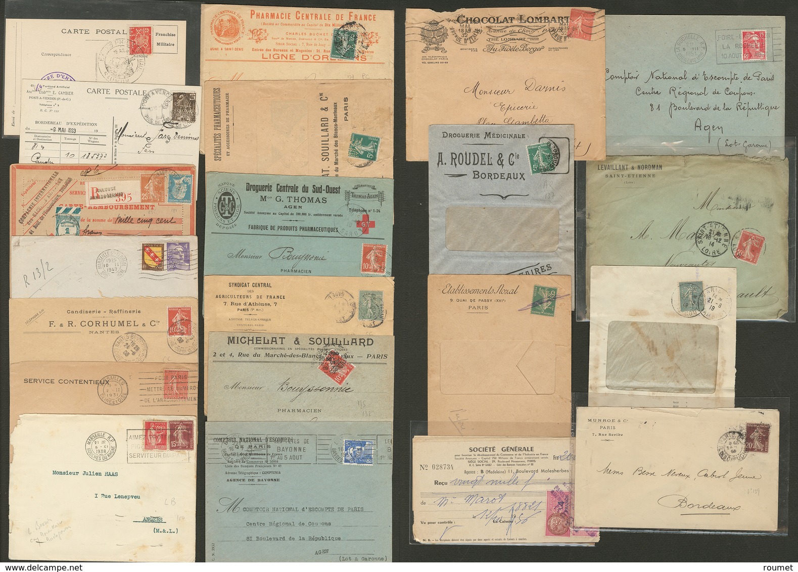 LETTRE PERFORES. Lot 1908-1951, 19 Enveloppes Et 2 CP, Affts, Obl Et Perfos Divers. - TB Ou B - Other & Unclassified