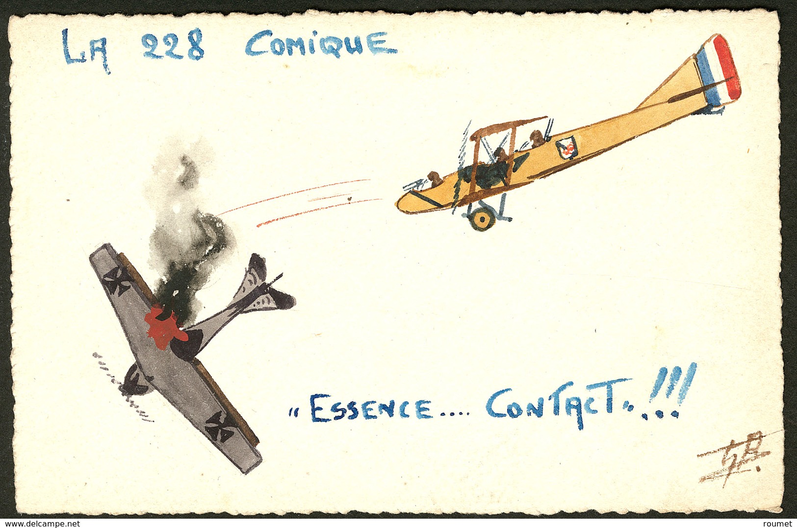 LETTRE Illustration à La Main. "Combat Aérien", CP Aquarelle Et Plume, Neuve Et Signée. - TB - Unclassified