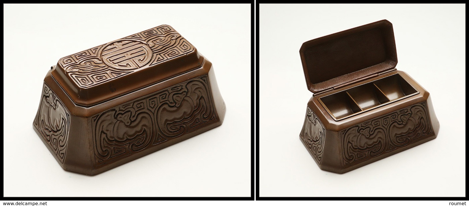 Boite "Tiffany Studios" En Bronze "Chine Antique N°1754", 3 Comp., 140x90x60mm, Poids 750g, Superbe. - R - Stamp Boxes