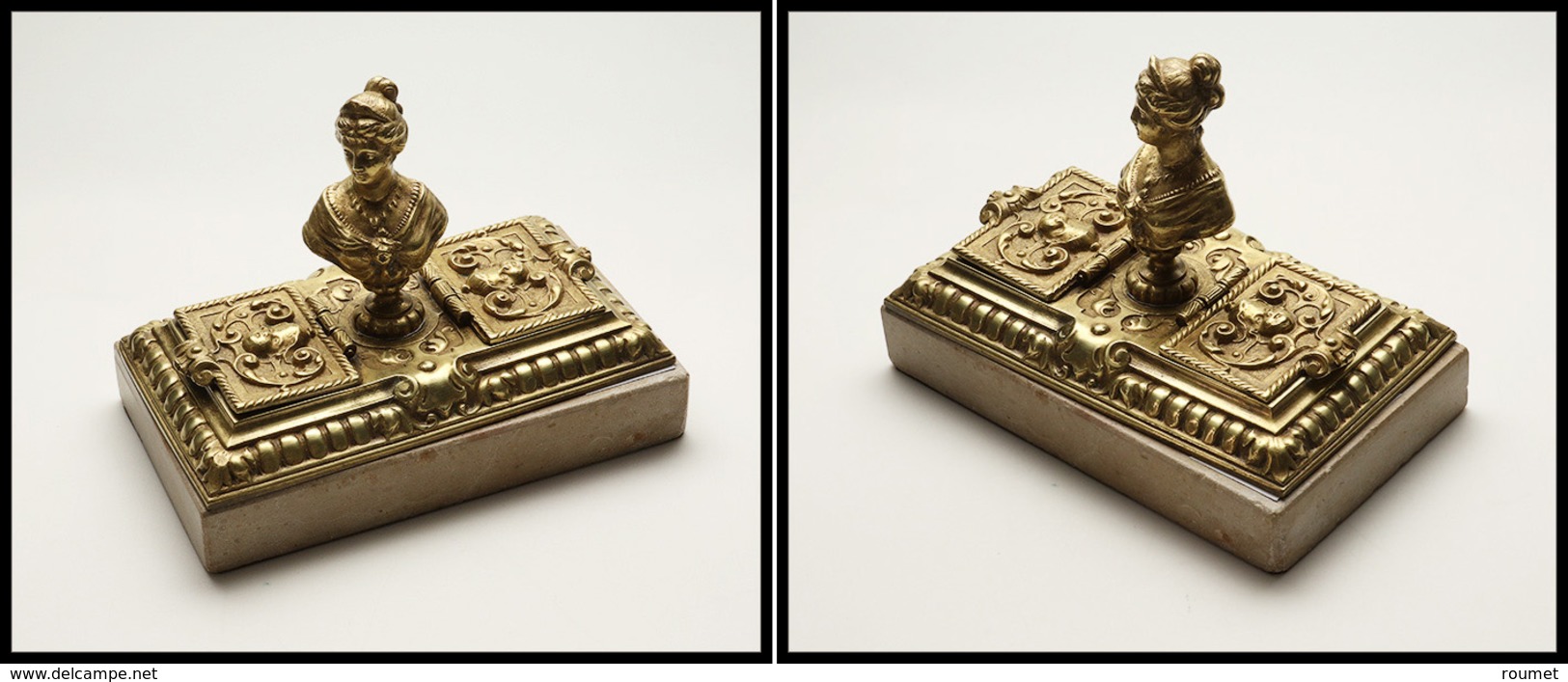 Boîte "presse Papiers" En Bronze Doré, époque Napoléon III, Avec Buste En Relief Sur Socle Marbre Gris, 2 Comp., 140x85x - Stamp Boxes