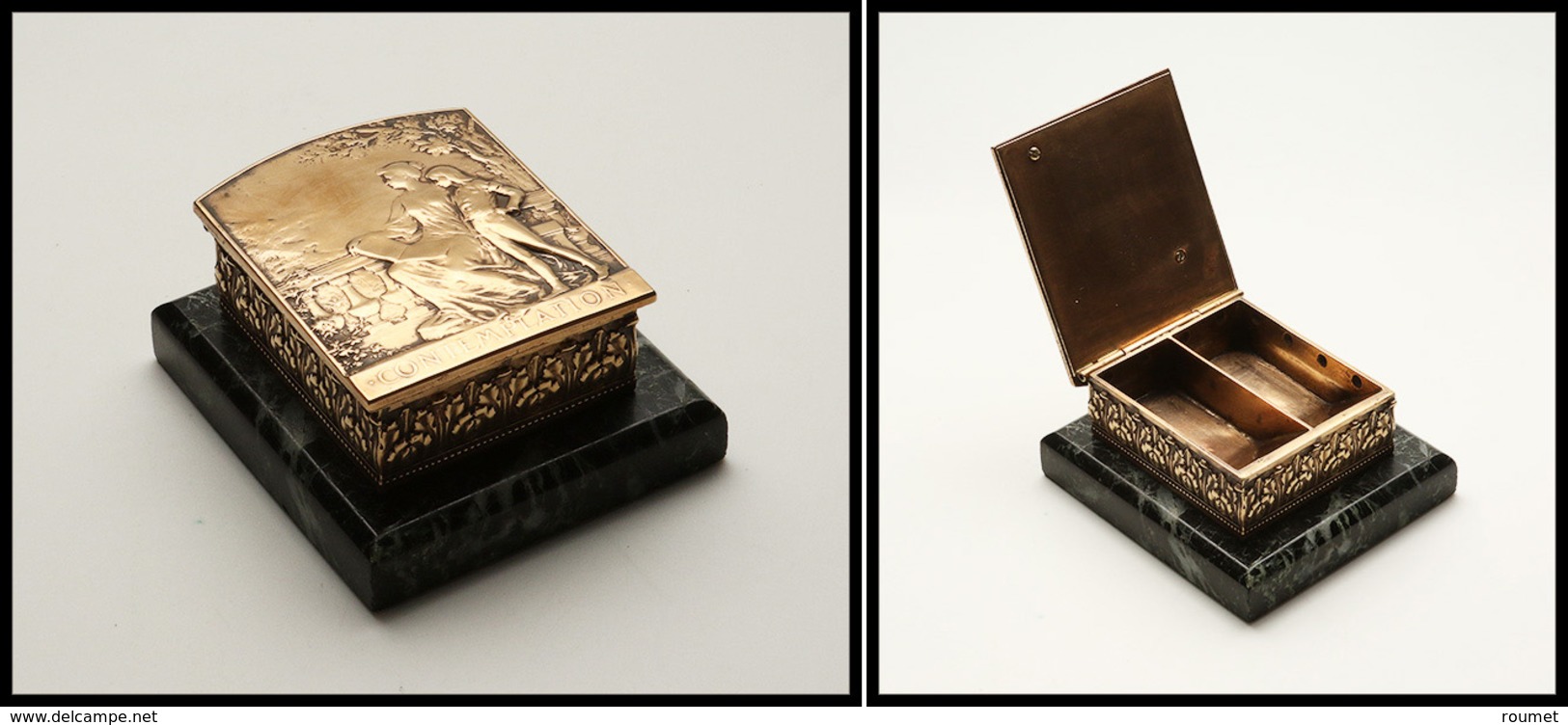 Boîte En Bronze Doré à Fin Décor Signé "Auguste Maillard-Contemplation", Socle Marbre Vert, 2 Comp., 80x 72x38mm. - TB - Boites A Timbres