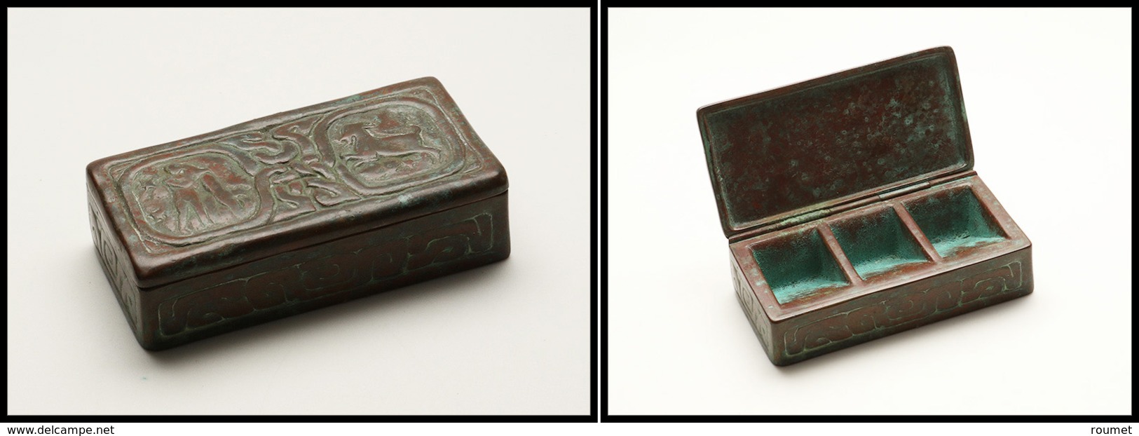 Boîte "Tiffany Studio" En Bronze, Modèle "Zodiac N°2145 Bélier-Gémeaux", 3 Comp., 95x45x25mm, Superbe. - R (une Des 2 Pi - Stamp Boxes