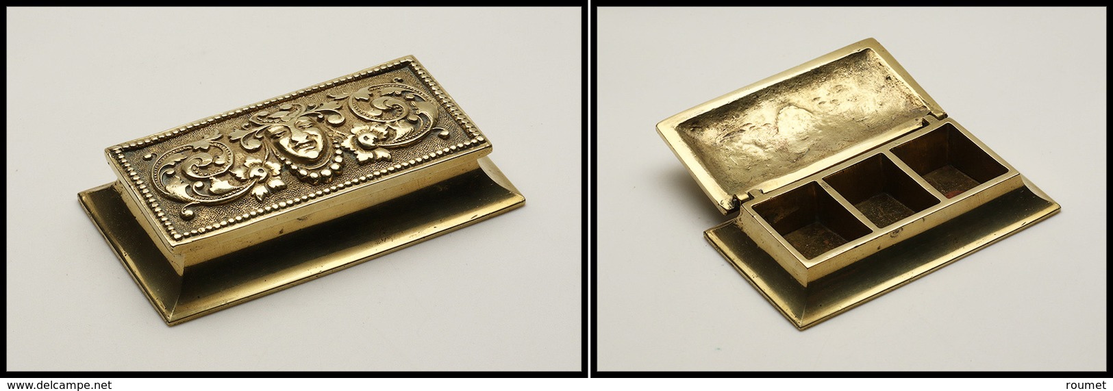 Boîte En Bronze Doré, Fin Décor En Relief Sur Couvercle, 3 Comp., 100x58x15mm. - TB - Stamp Boxes