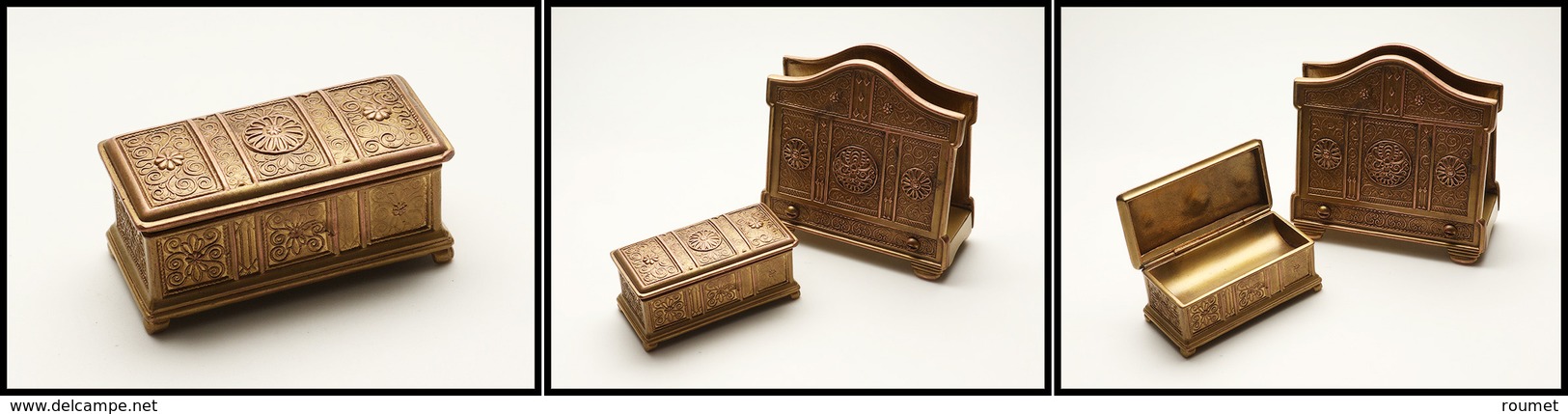 Ensemble "Tiffany & Co", Boîte Et Porte-lettres En Bronze Signés "JB Jennings N°2431", Boîte 1 Comp., 85 X42x35mm Et Por - Stamp Boxes