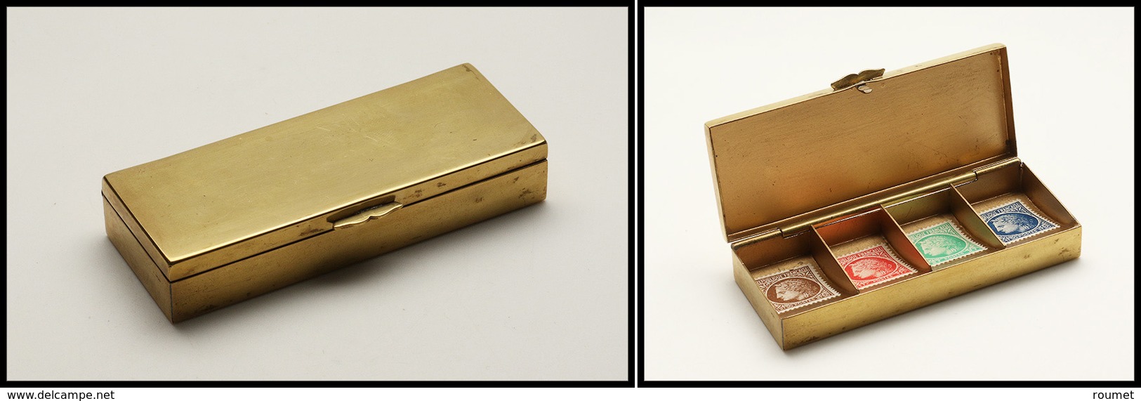 Boîte Rectangulaire En Laiton Doré, 4 Comp., 95x35x15mm. - TB - Stamp Boxes