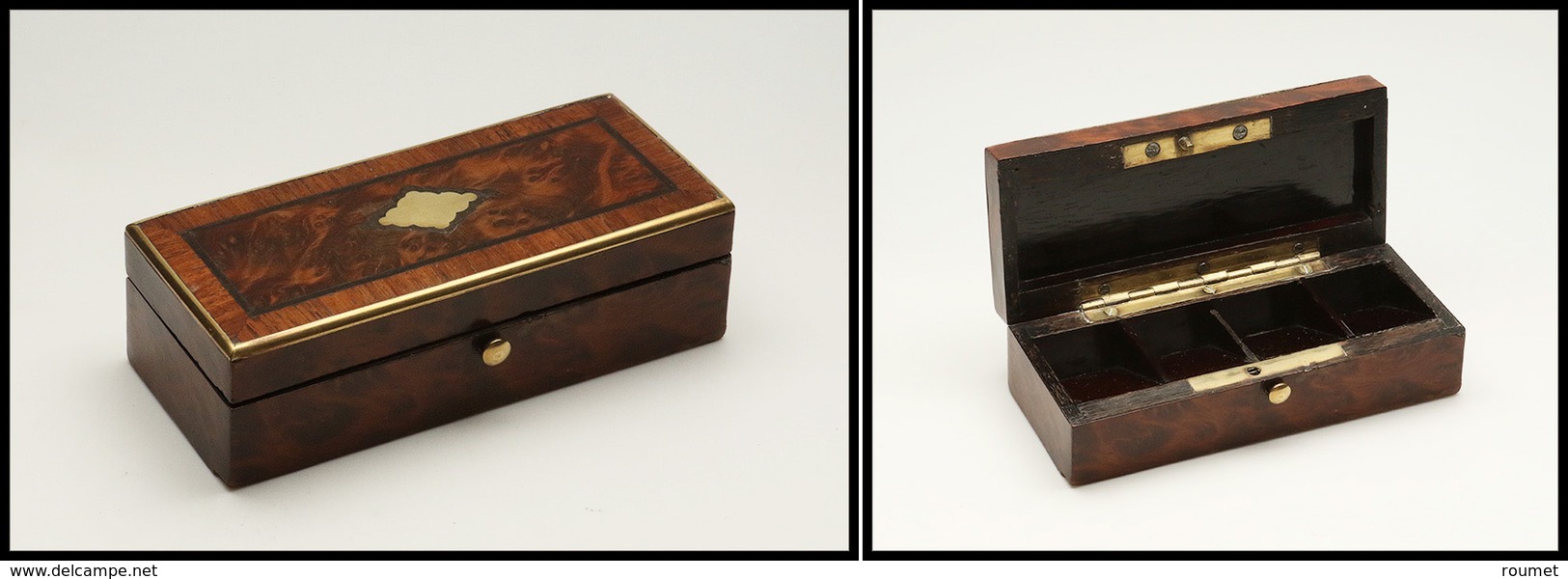 Boîte En Palissandre, Marqueterie Et Cerclage Laiton Sur Couvercle, Bouton Pression, 4 Comp., 110x45x30mm. - TB - Stamp Boxes