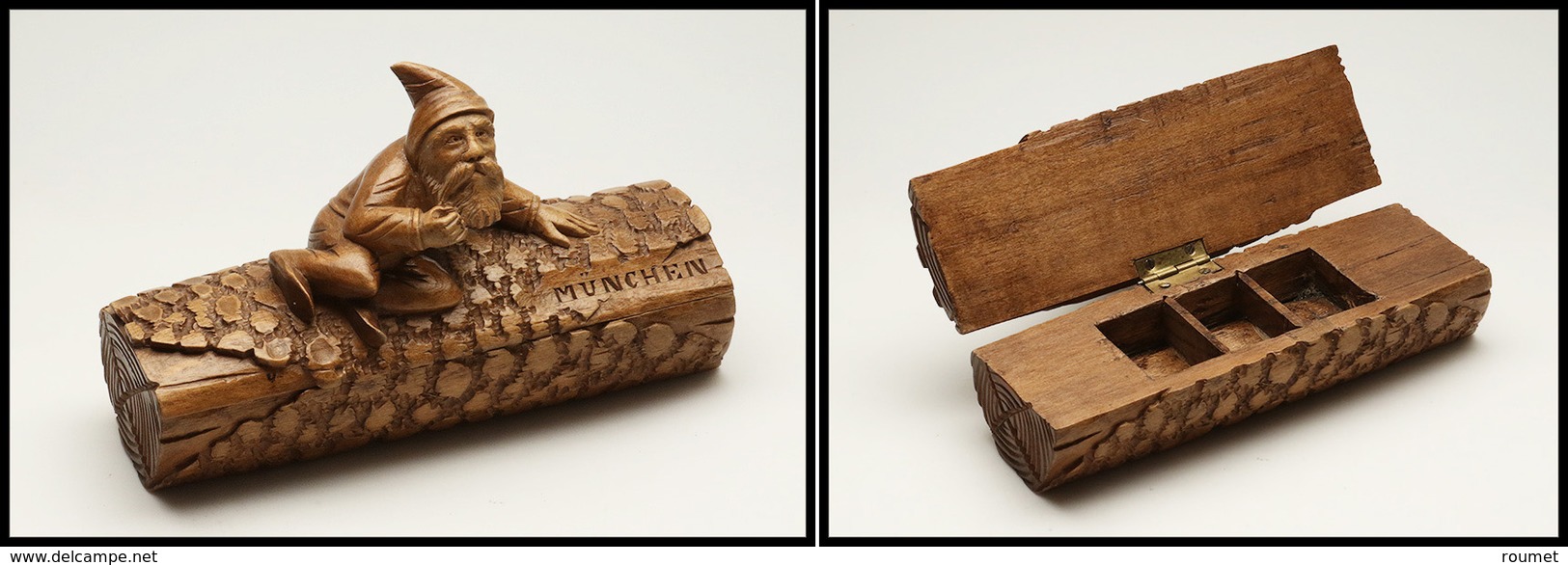 Boîte "Art Populaire" Allemand En Bois Avec "lutin Sur Un Tronc D'arbre" En Relief, Marquée "München", 3 Comp., 140x45x5 - Stamp Boxes