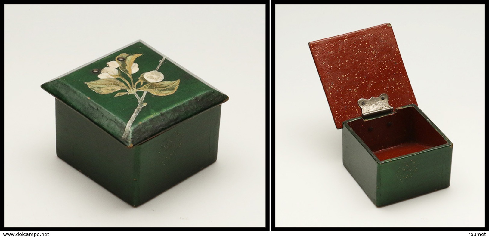 Boîte En Bois Peint Main, Couleur Verte Et Fleurs Sur Couvercle, 1 Comp., 52x52x32mm. - TB - Stamp Boxes