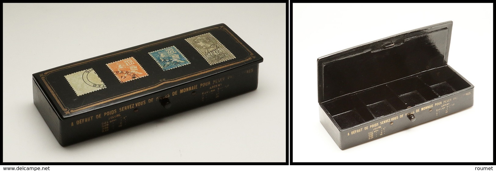Boîte Papier Mâché, Transfert De Timbres Sur Couvercle Et Pourtour, Tarifs Postaux Sur Le Fond, Bouton Pression, 4 Comp. - Stamp Boxes