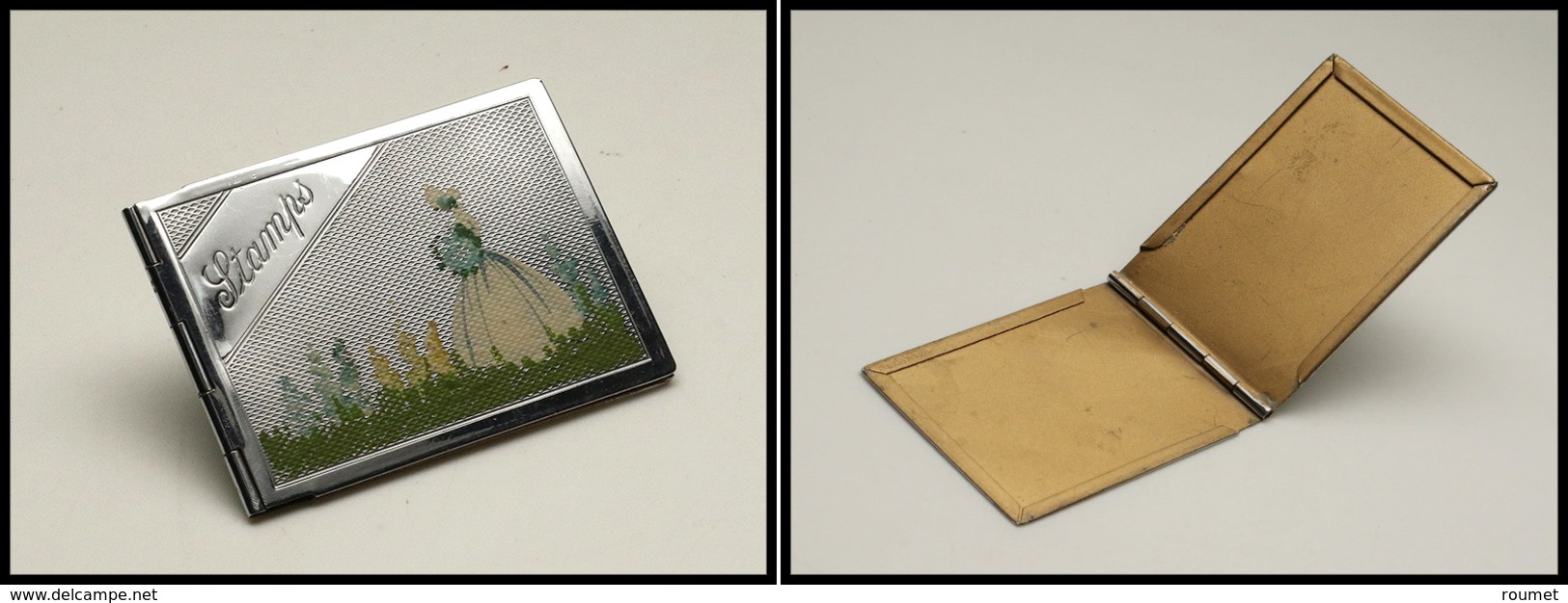 Etui Métal Argenté, à Décor Peint Sur Couvercle, Marqué "Stamps", 1 Comp., 70x50x3mm. - TB - Stamp Boxes