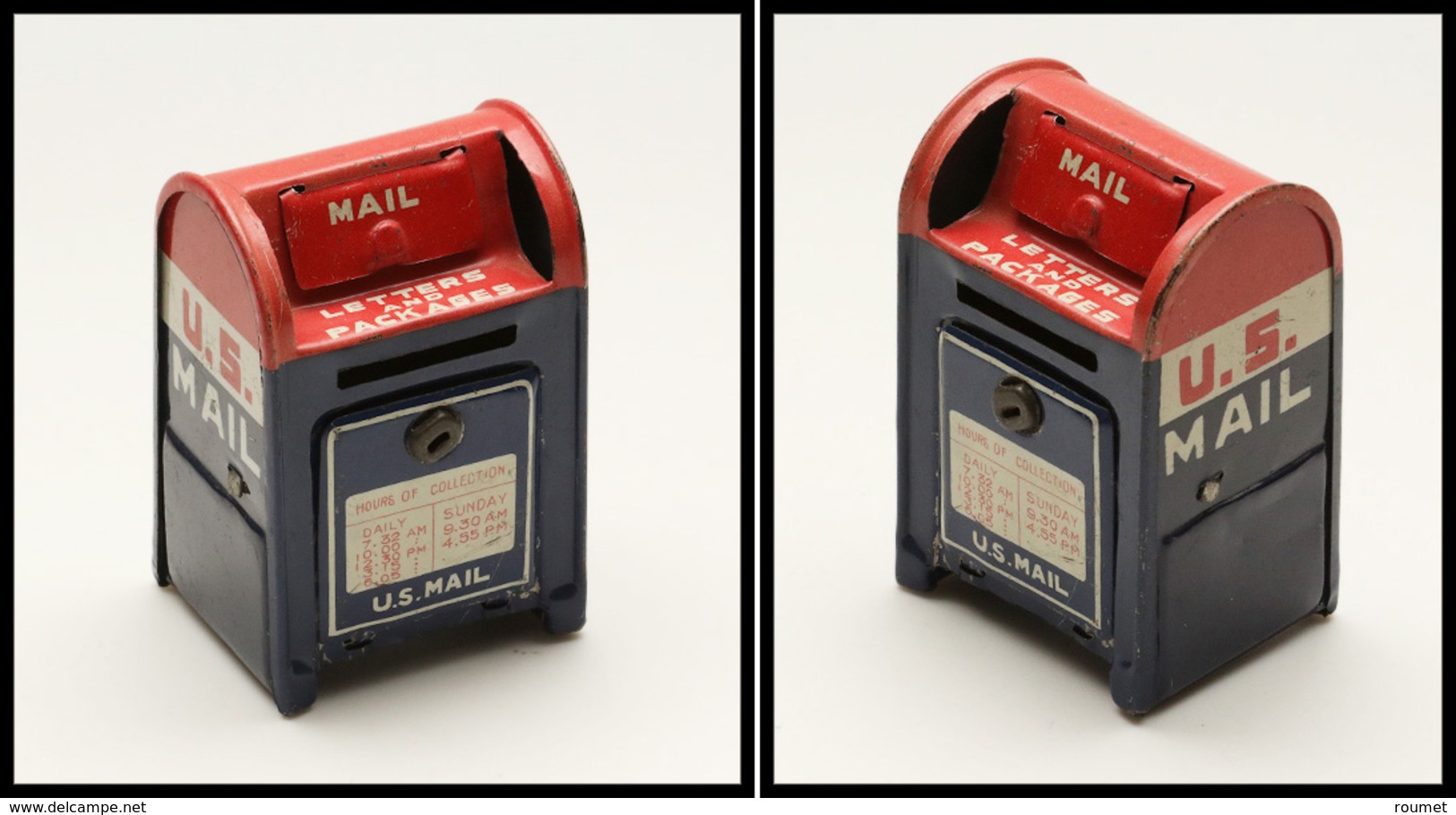 Distributeur En Tôle En Forme De Boîte Aux Lettres US, Marqué "US Mail", 65x40x35mm. - TB - Stamp Boxes