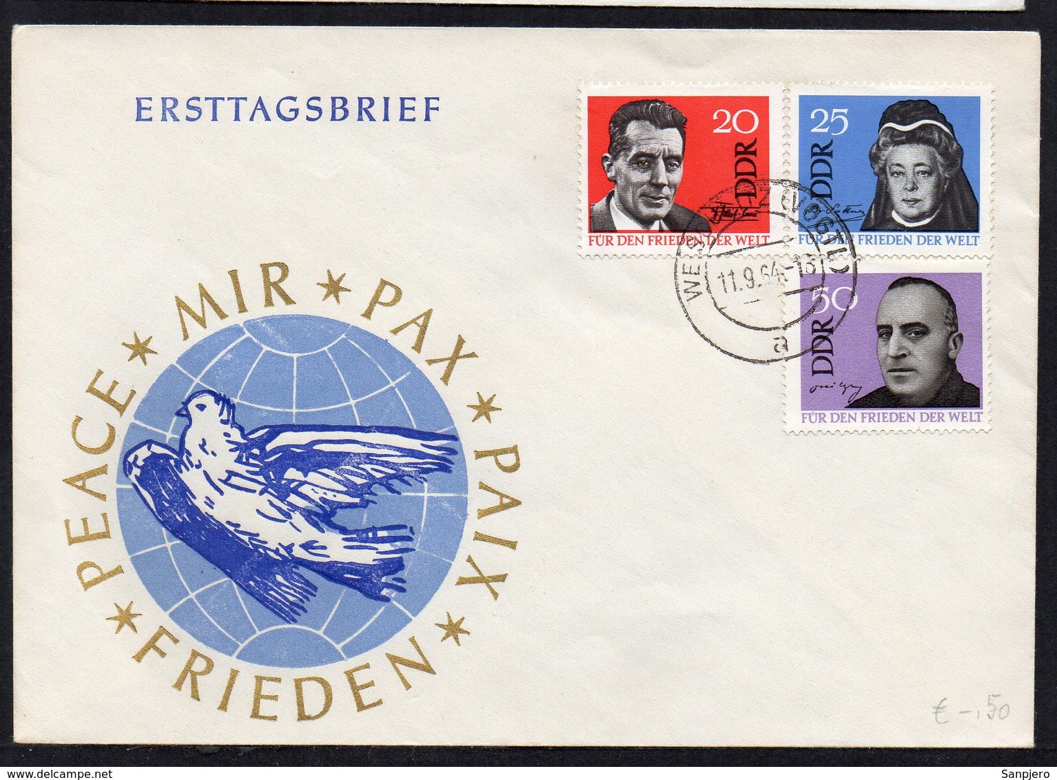 GERMANY DDR FDC TRAVELED ERSTTAGSBRIEF 1964. FRIEDEN PEACE MIR PAX PAIX - Storia Postale