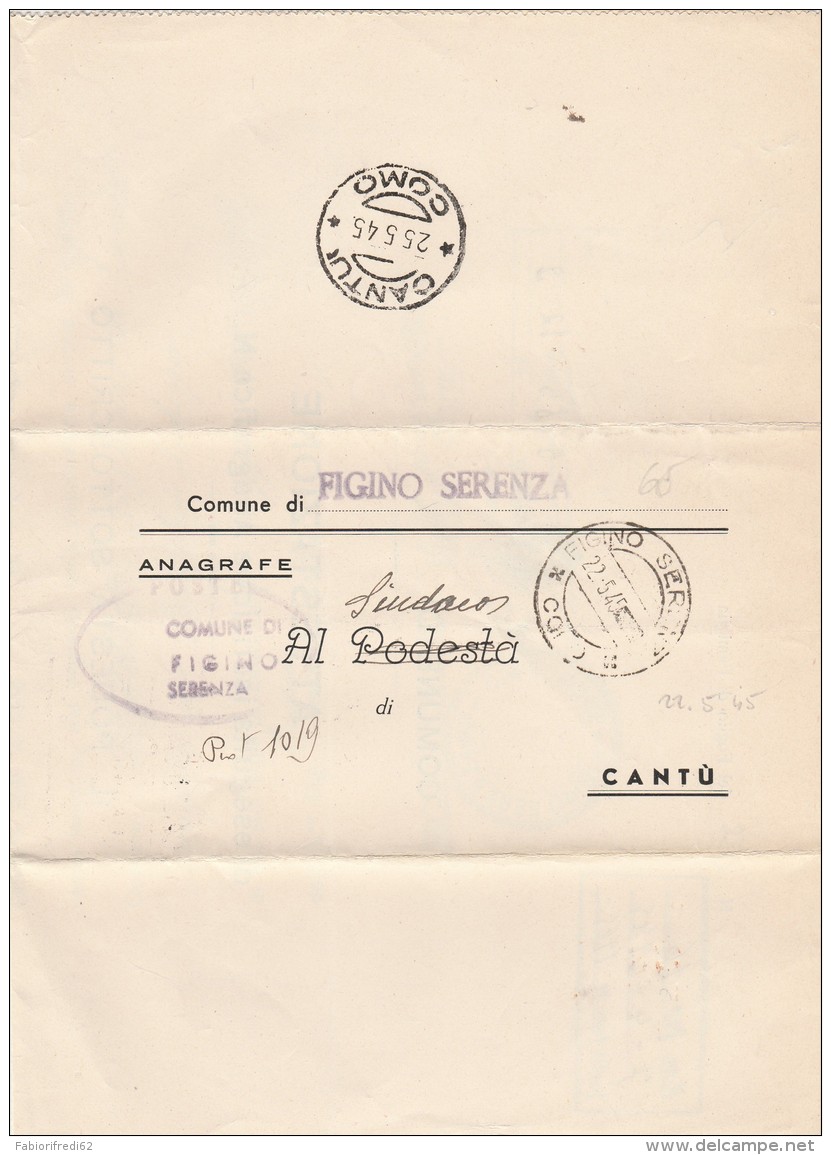 LETTERA ANAGRAFE 1945 TIMBRO CANTU' FIGINO SERENZA (Z122 - Marcophilie