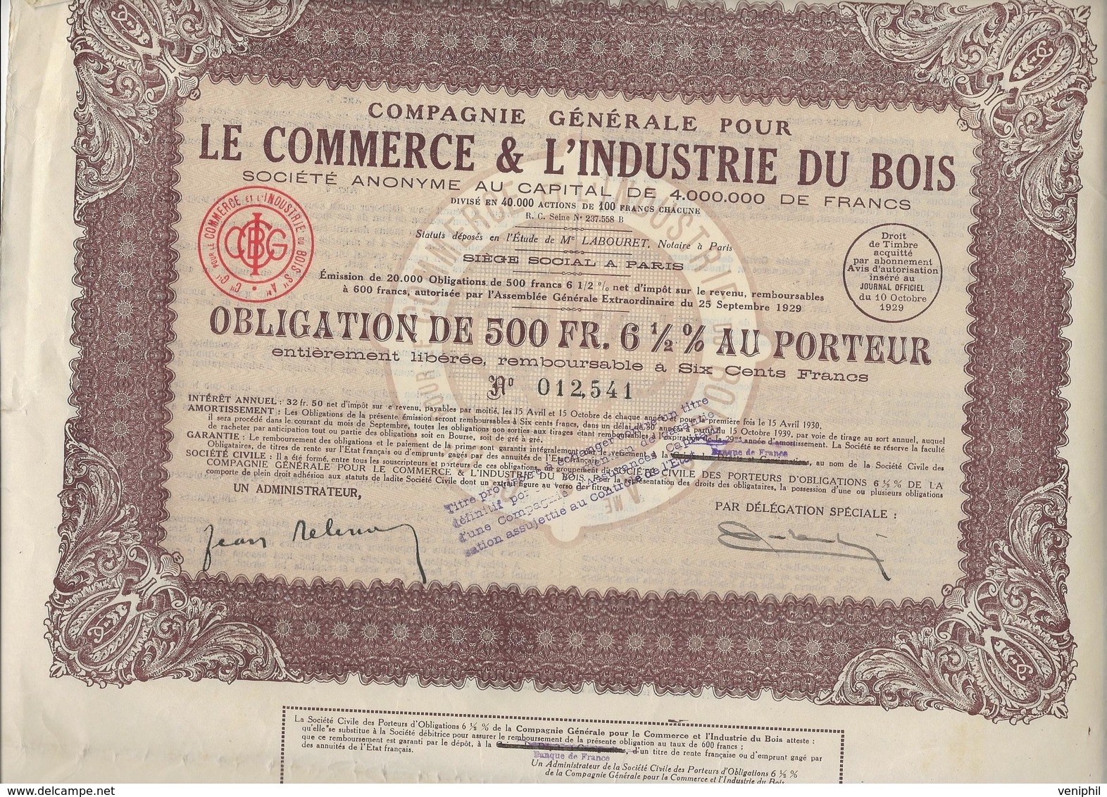 LOT DE 5 OBLIGATIONS DE 500 FRS -COMPAGNIE POUR LE COMMERCE ET L'INDUSTRIE DU BOIS -1929 - Industrie