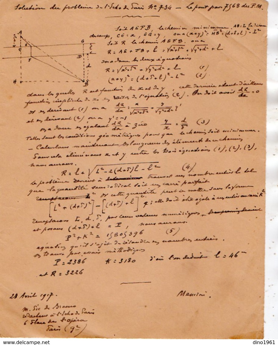 VP12.940 - MILITARIA - LE MANS 1916 - Mr MEMINI Du Génie Militaire - Solution Du Problème - Le Pont Par 7568 Du P.M. - Documenten