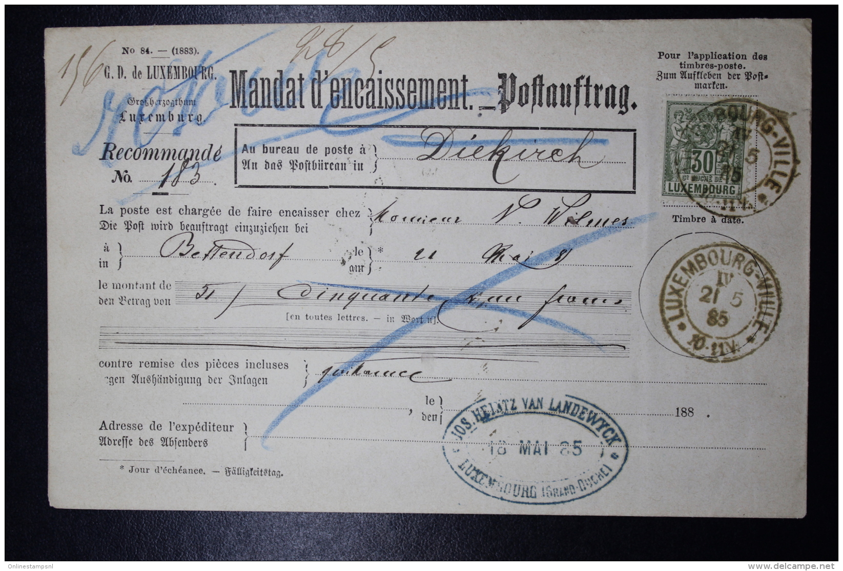 Luxembourg Mandat D'encaissement Postauftrag Mi Nr 53  1885 -&gt; Diekirch - 1882 Allegorie