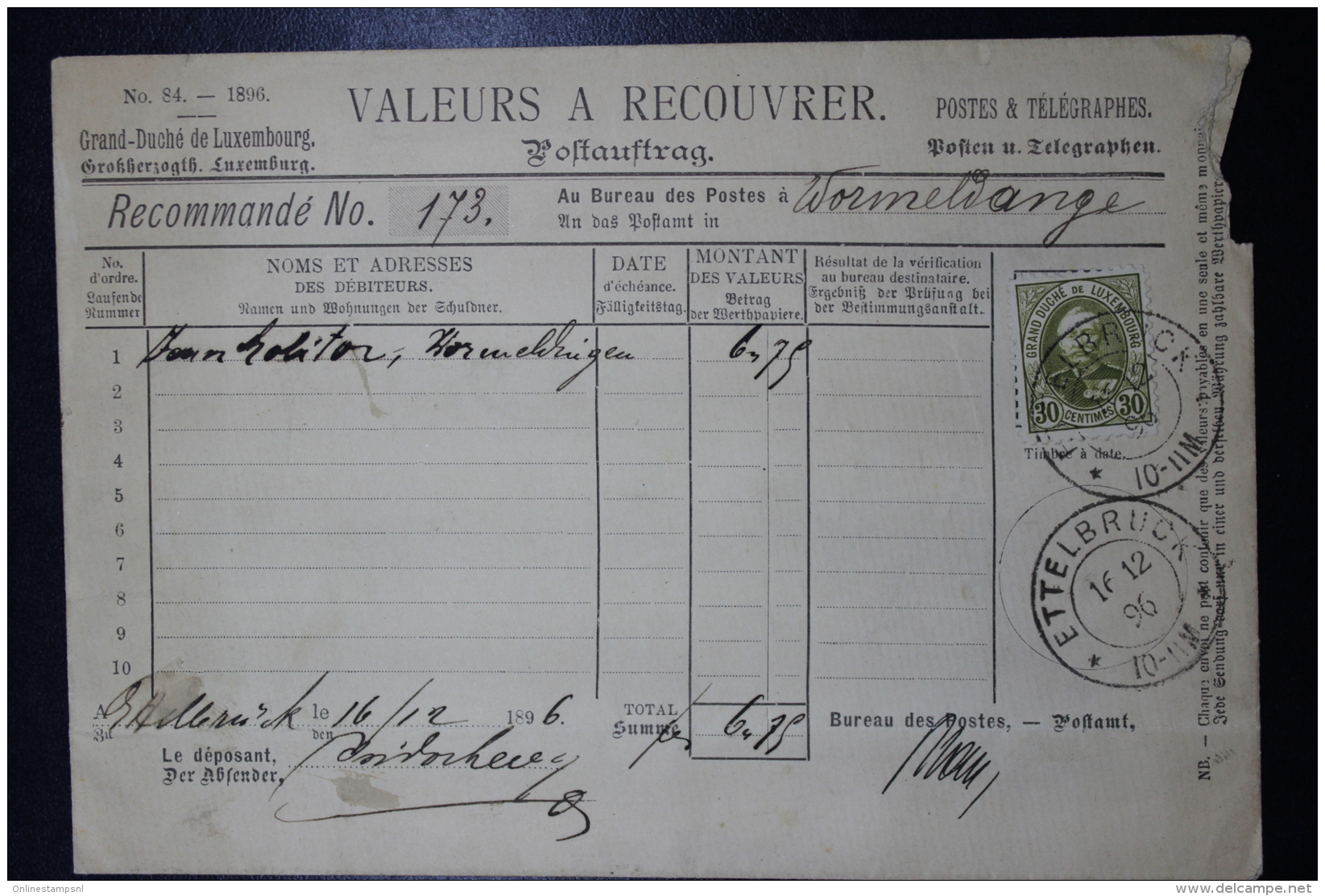 Luxembourg  Valeurs A Recouvrer Postauftrag Mi Nr 61  1896 - 1891 Adolphe Frontansicht