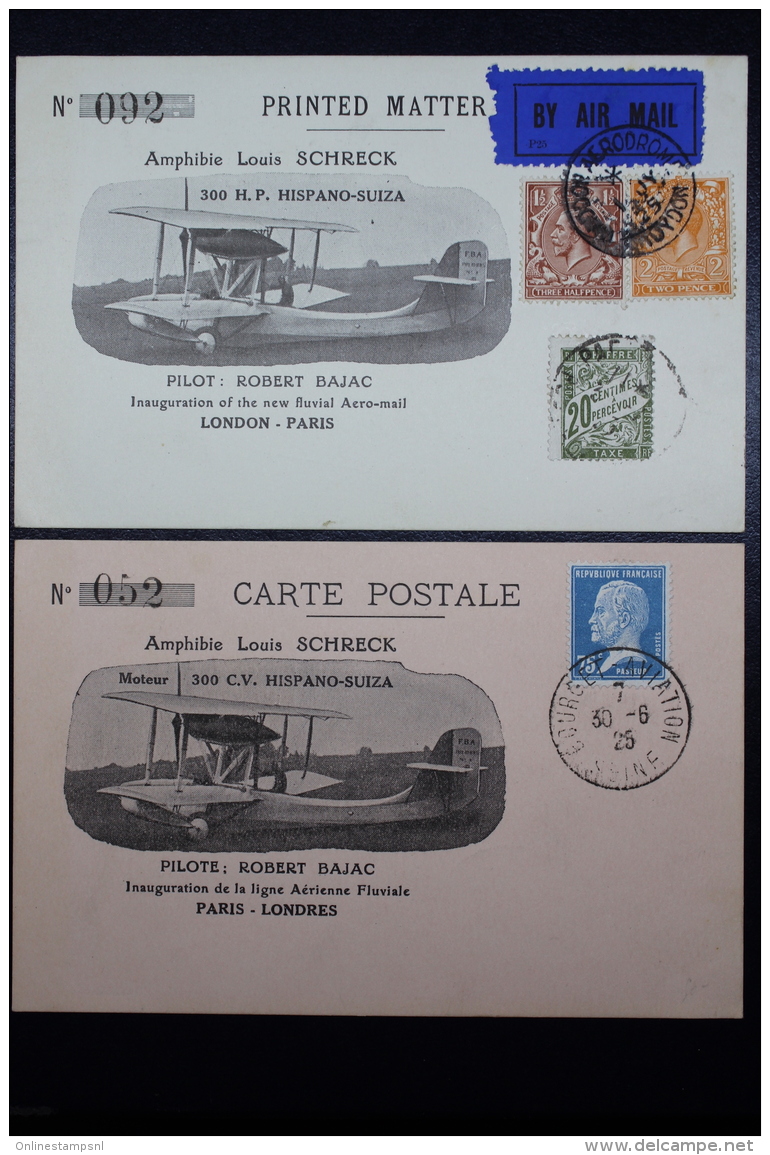 France Paris - London &amp; London - Paris, 2 Special Illustrated,  Numbered Postcards Amphibie Schreck 1925 - Primi Voli