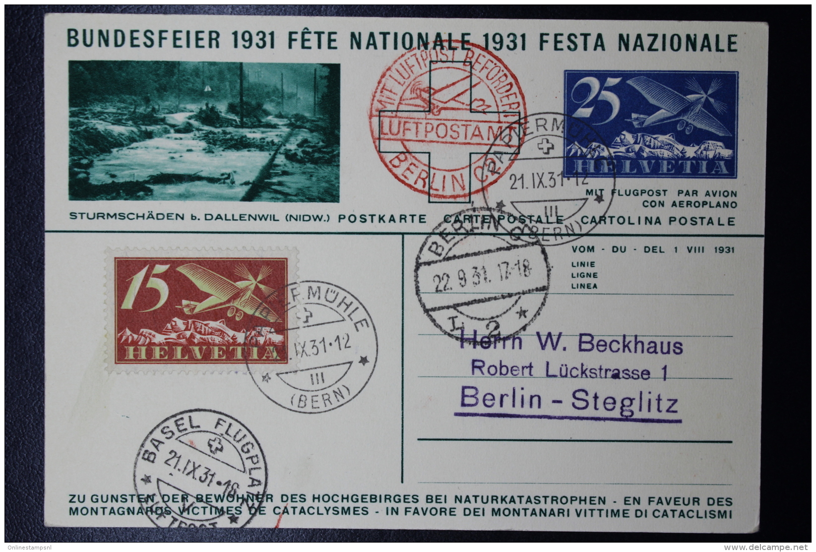 Schweiz: Bundesfeier 1931 Luftpost Karte Mi P140 Uprated Bern -&gt; Berlin - Enteros Postales