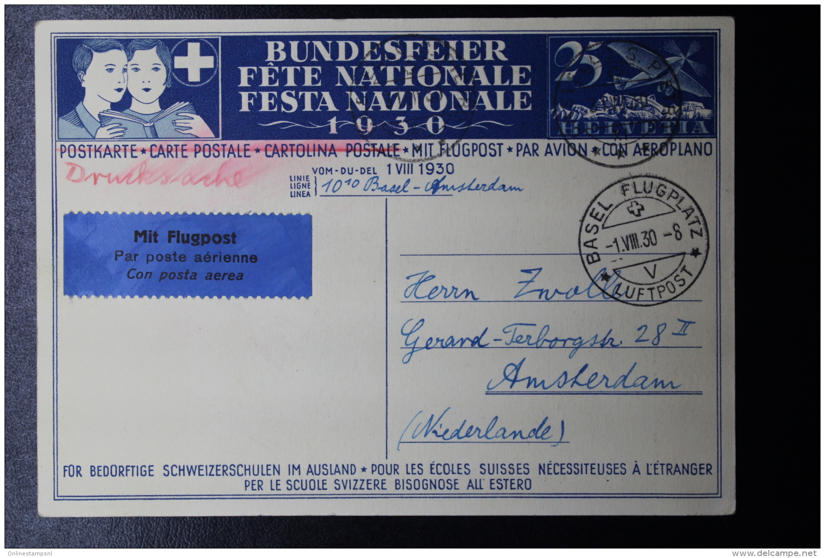 Schweiz: Bundesfeier 1930 Luftpost Karte Mi P148  Basel -&gt; Amsterdam - Ganzsachen