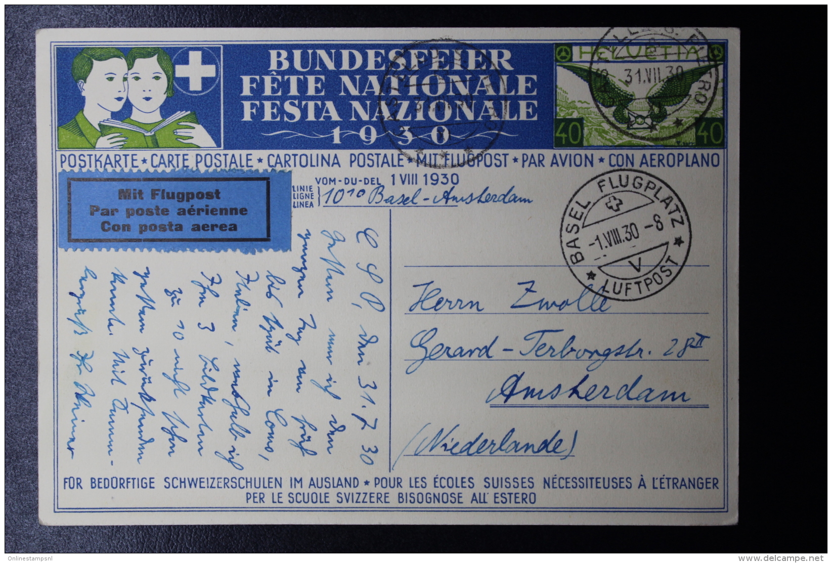 Schweiz: Bundesfeier 1930 Luftpost Karte Mi P148  Basel -&gt; Amsterdam - Interi Postali
