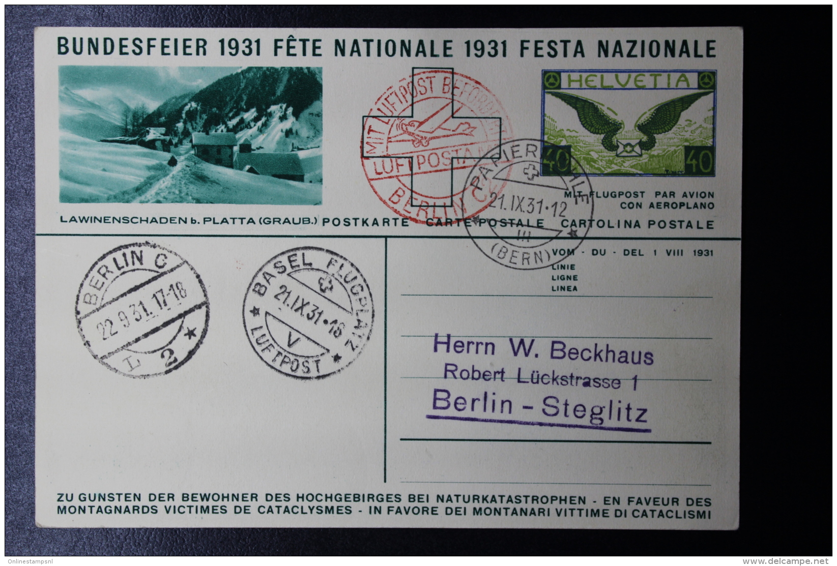 Schweiz: Bundesfeier 1931 Luftpost Karte Mi P141  Basel -&gt; Berlin - Interi Postali