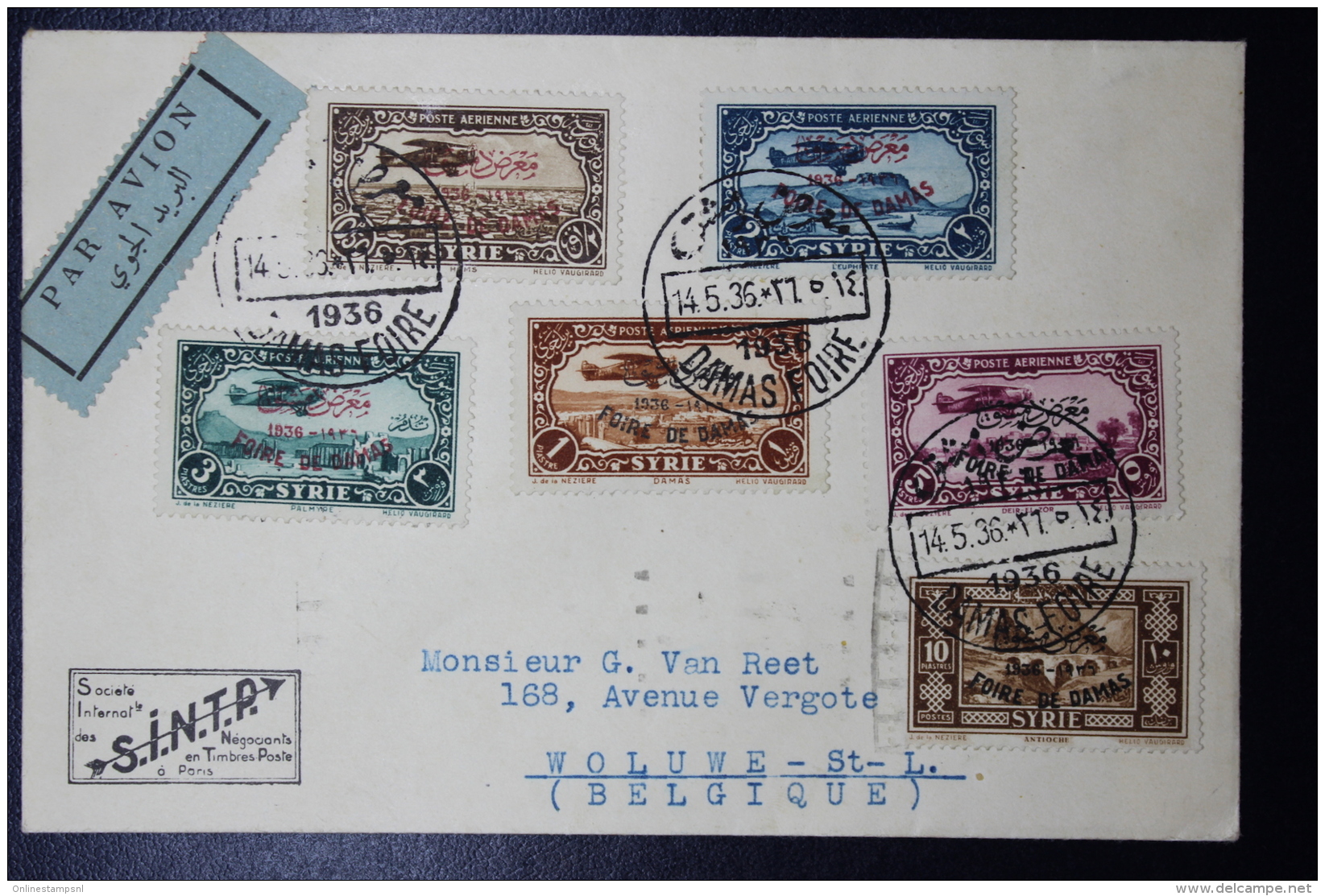 Syria: Airmail Letter  1936  FOIRE DE DAMAS  A Woluwe Belgique  (SINTP Enveloppe) - Covers & Documents