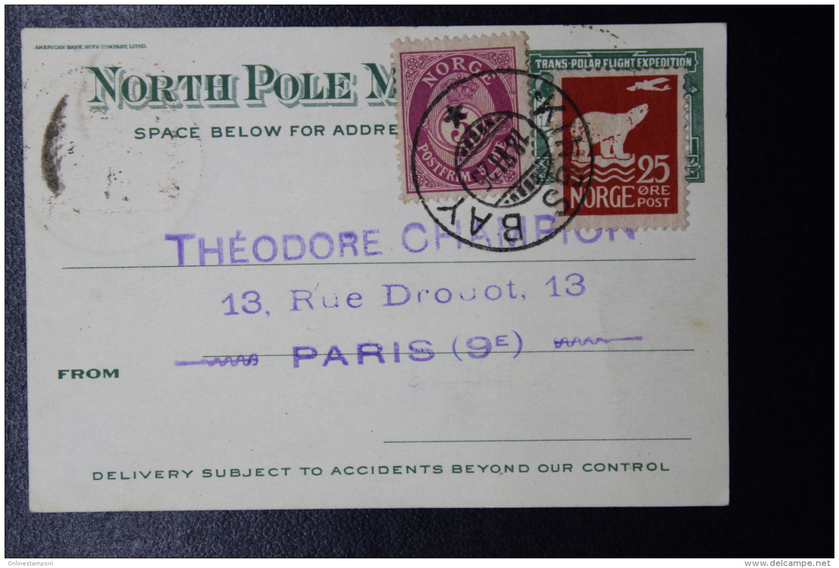 Norge Carte Postal The Trans-Polar Flight Expedition 1924, A Verso Timbre De France  RRR - Briefe U. Dokumente