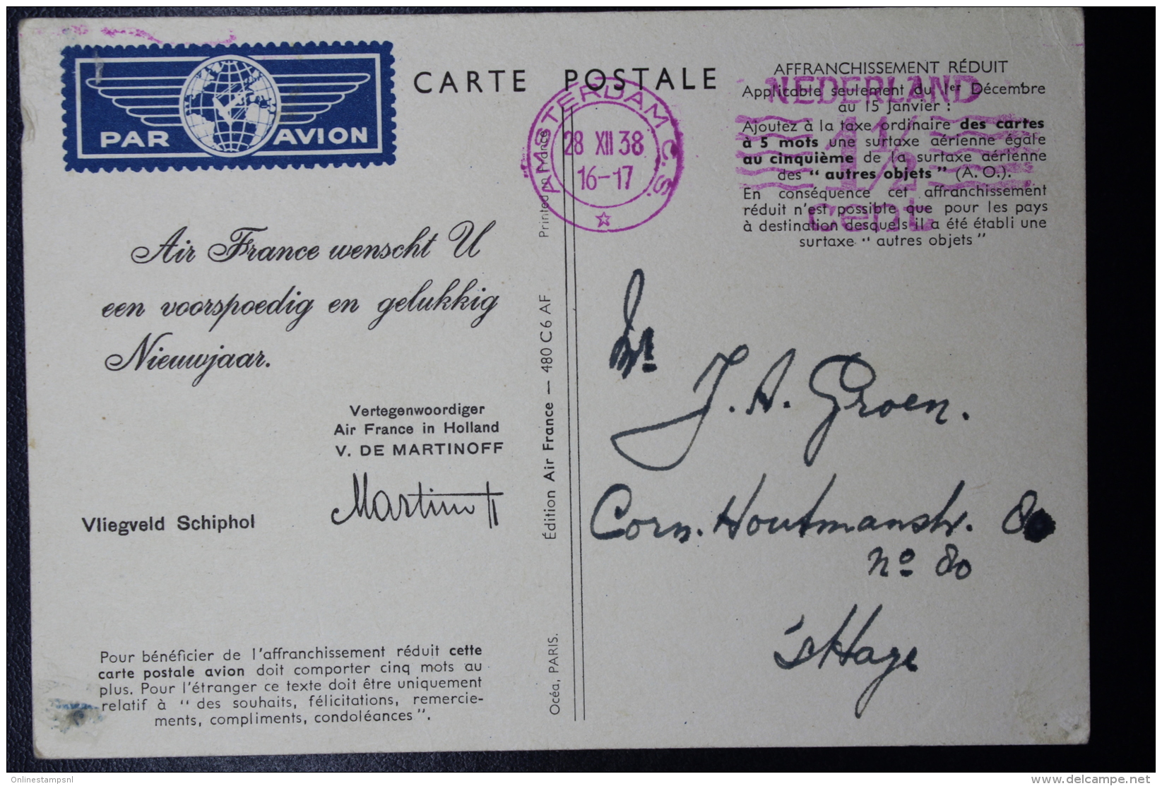 Air France Dans Tous Les Ciels 1938  New Years Wishes Air France Pays Bas - Briefe U. Dokumente