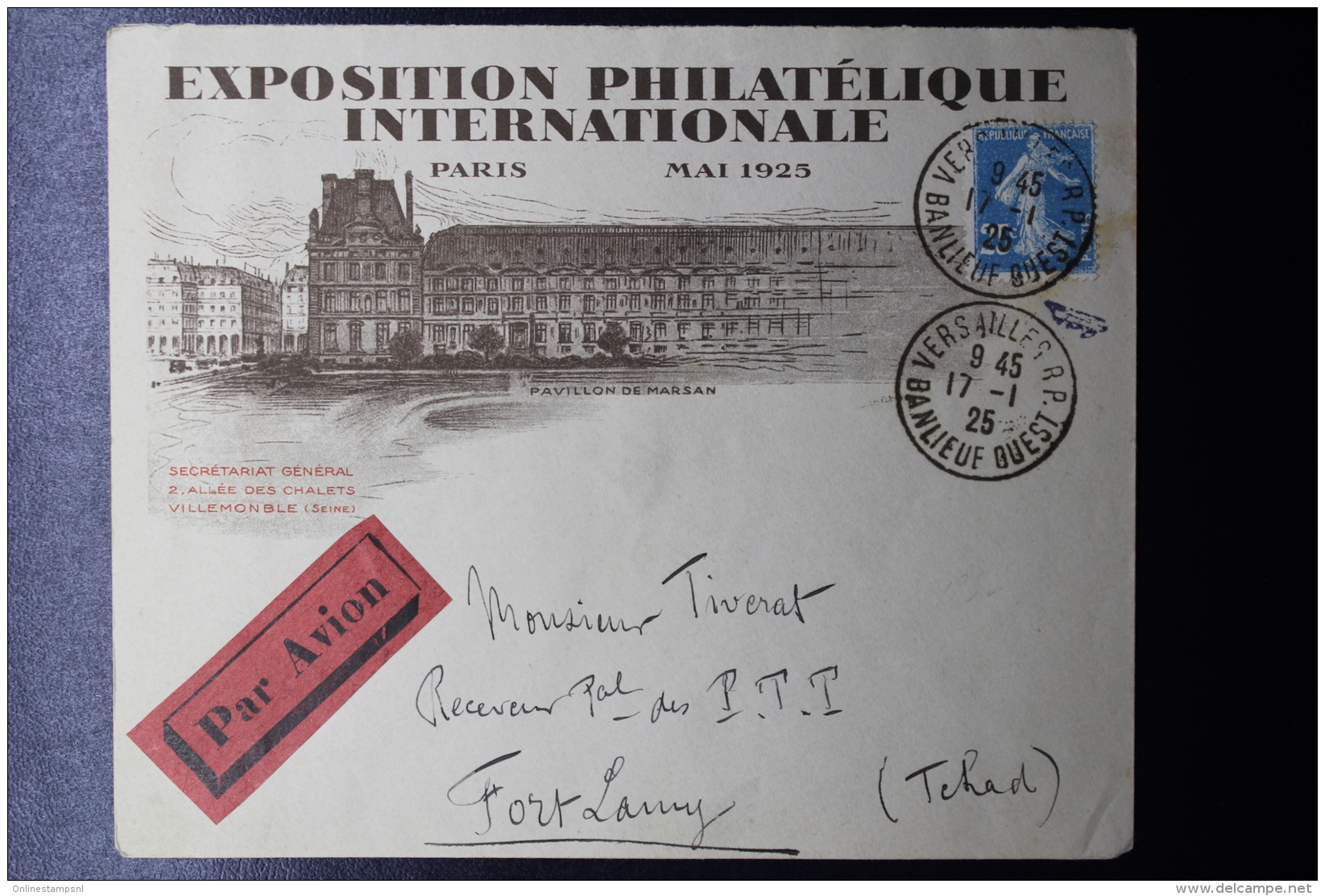 France Exposition Philatélique Paris 1925 -&gt; Tchad, Avec Cachet Etlabel A Reverse - Storia Postale