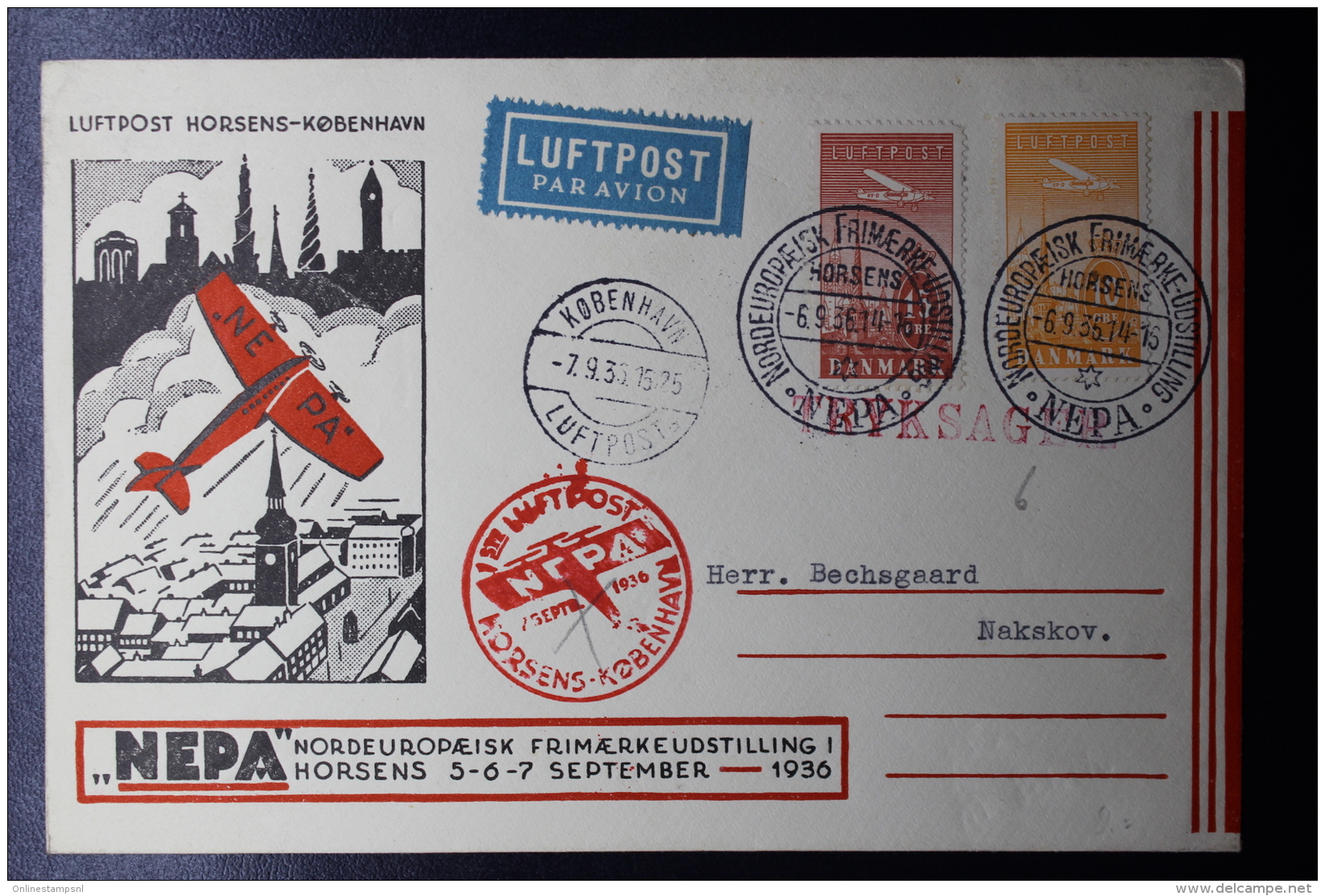 Denmark: Airmail Exposition Copenhagen NEPA 1936 First Flight Cover  Mi 217+218 Horsens - Kopenhagen - Covers & Documents