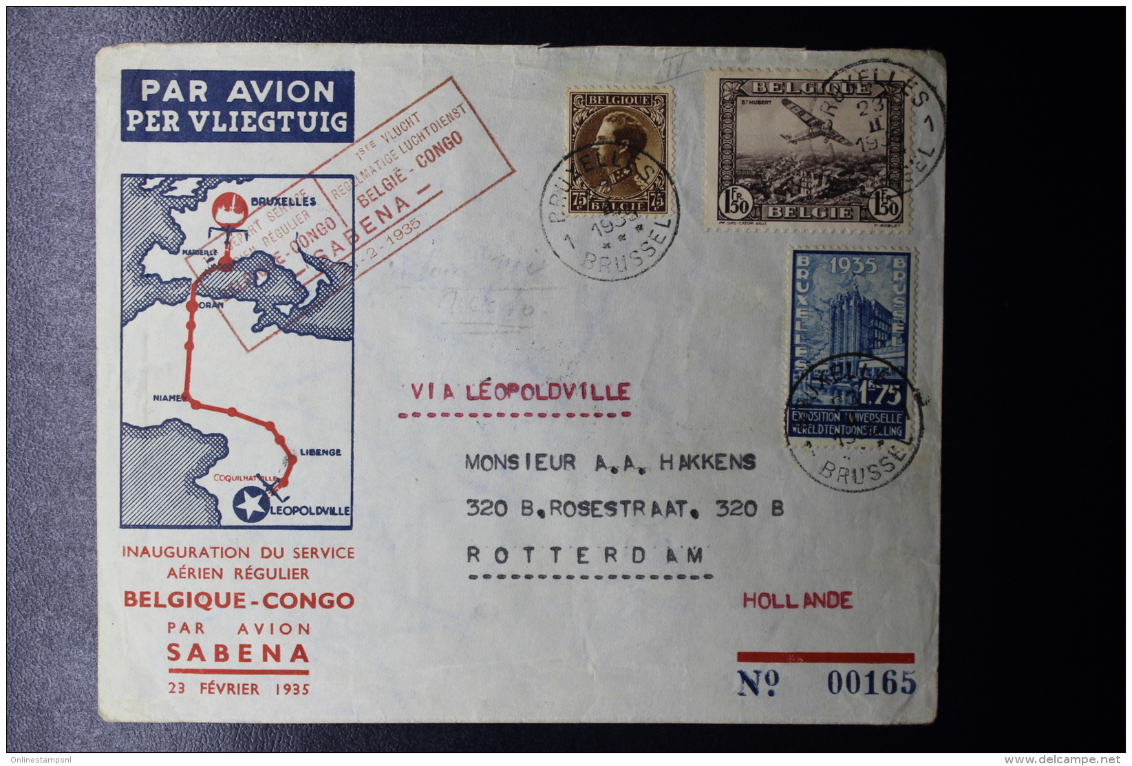 Belgium First Regular Flight 1935 Belgium - Belgium Congo V.v.  By Sabena, Mixed Franking - Otros & Sin Clasificación