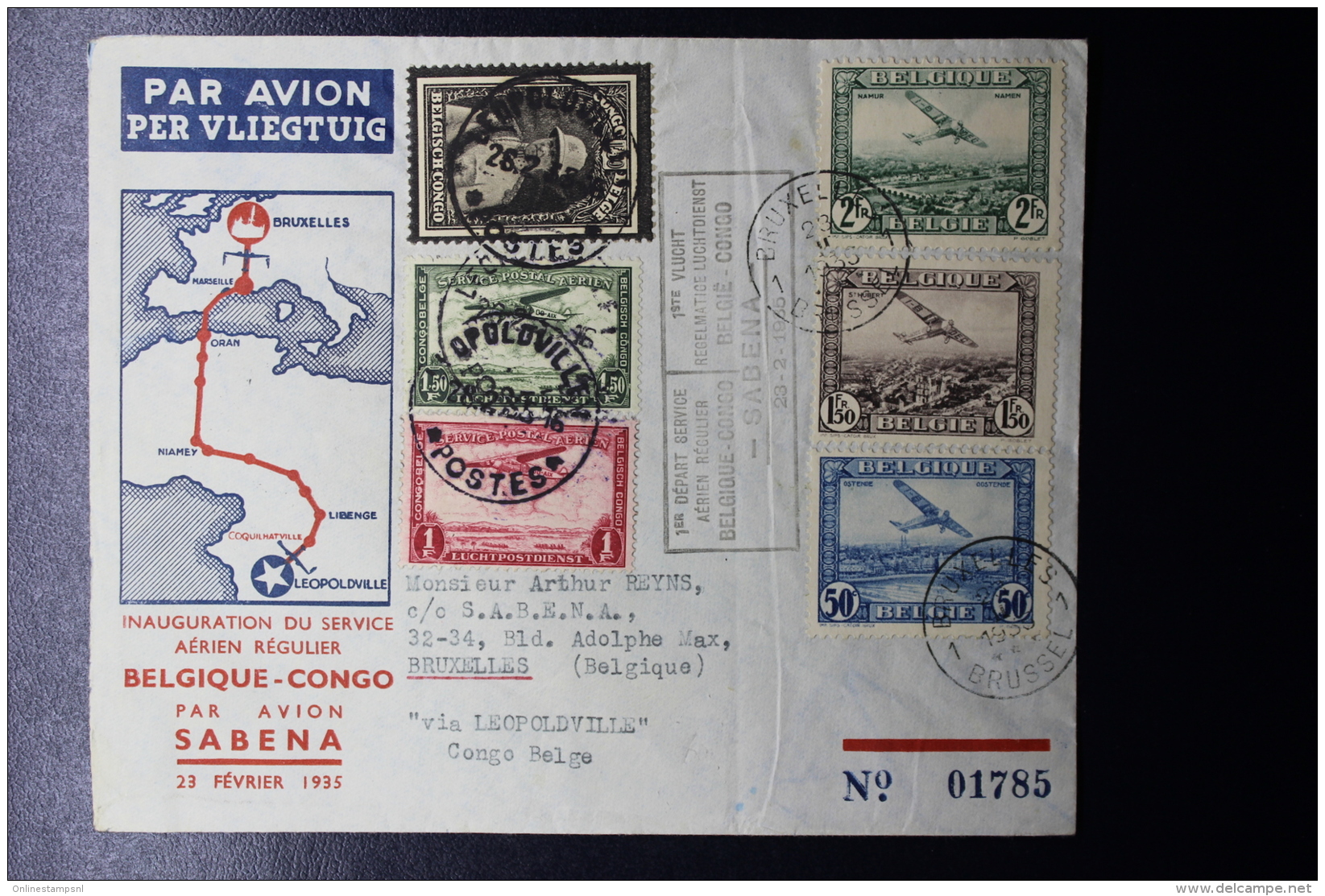 Belgium First Regular Flight 1935 Belgium - Belgium Congo V.v.  By Sabena, Mixed Franking - Sonstige & Ohne Zuordnung