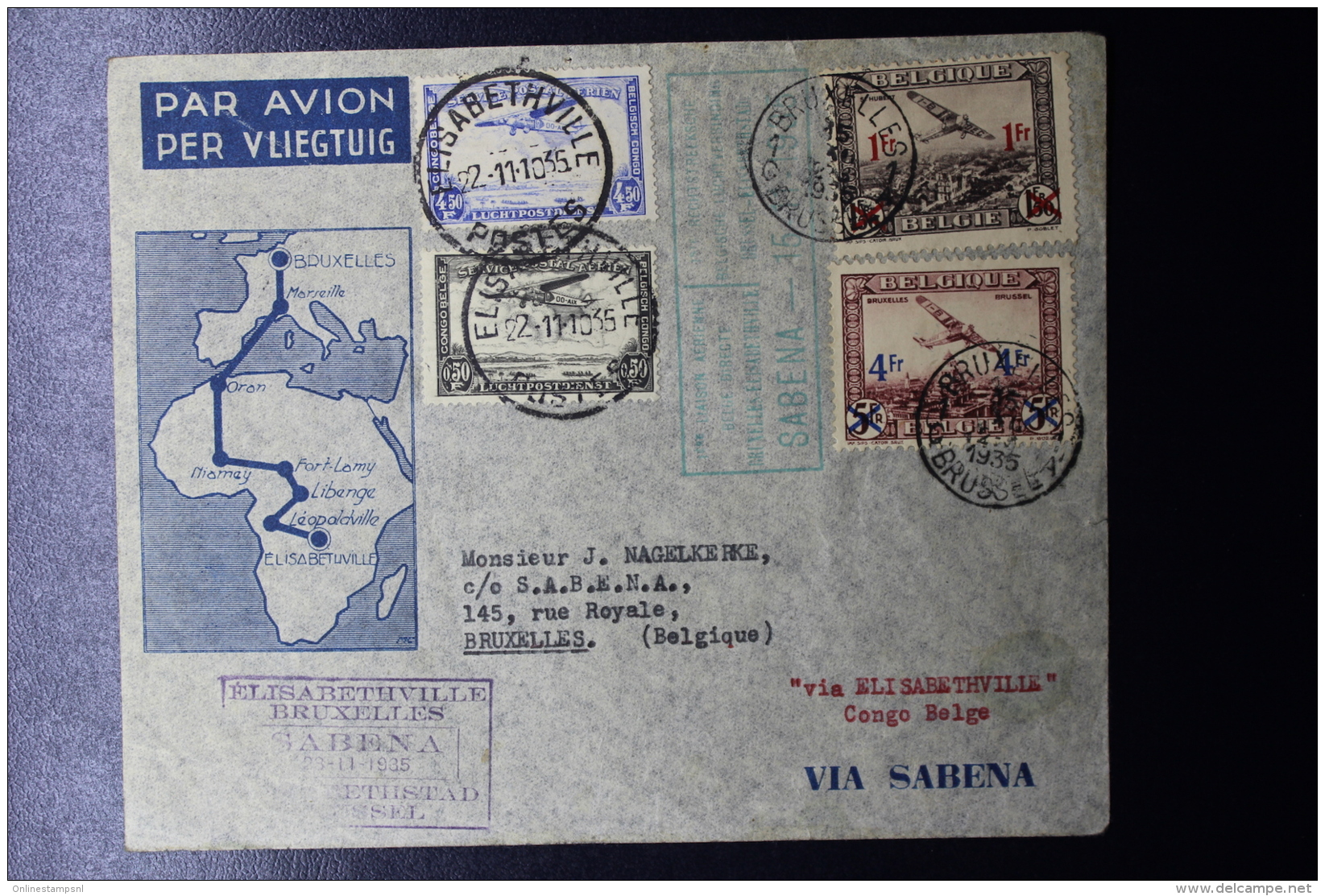 Belgium First Regular Flight 1935 Belgium - Elisabethville Belgium Congo V.v.  By Sabena, Mixed Franking - Andere & Zonder Classificatie